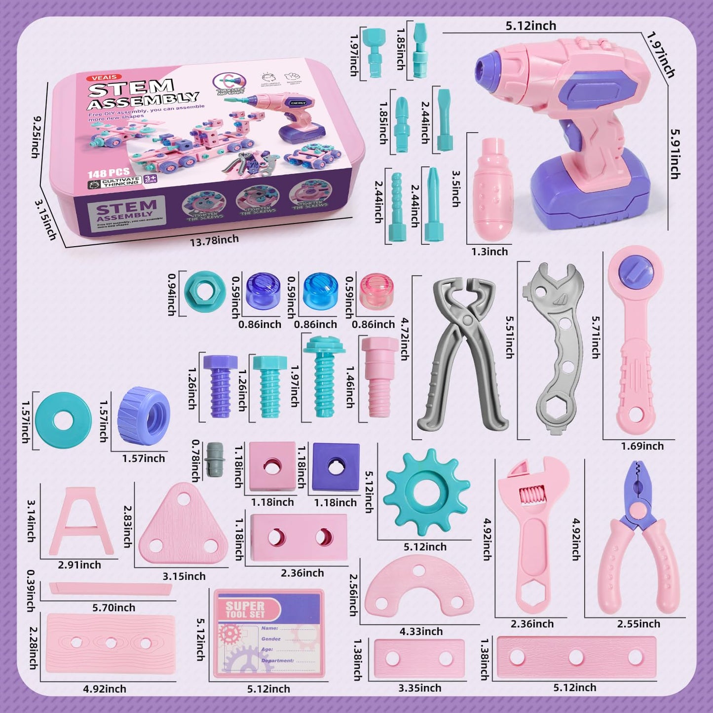 Pink Kids Tool Set for Girls,Toddler Tool Set with Drill &Toolbox,STEM Montessori Toys for 3 4 5 Year Old,Pretend Play Kid Toy,Educational Construction Toy for 3-6 Year Old Girl,Birthday Gift for Kids