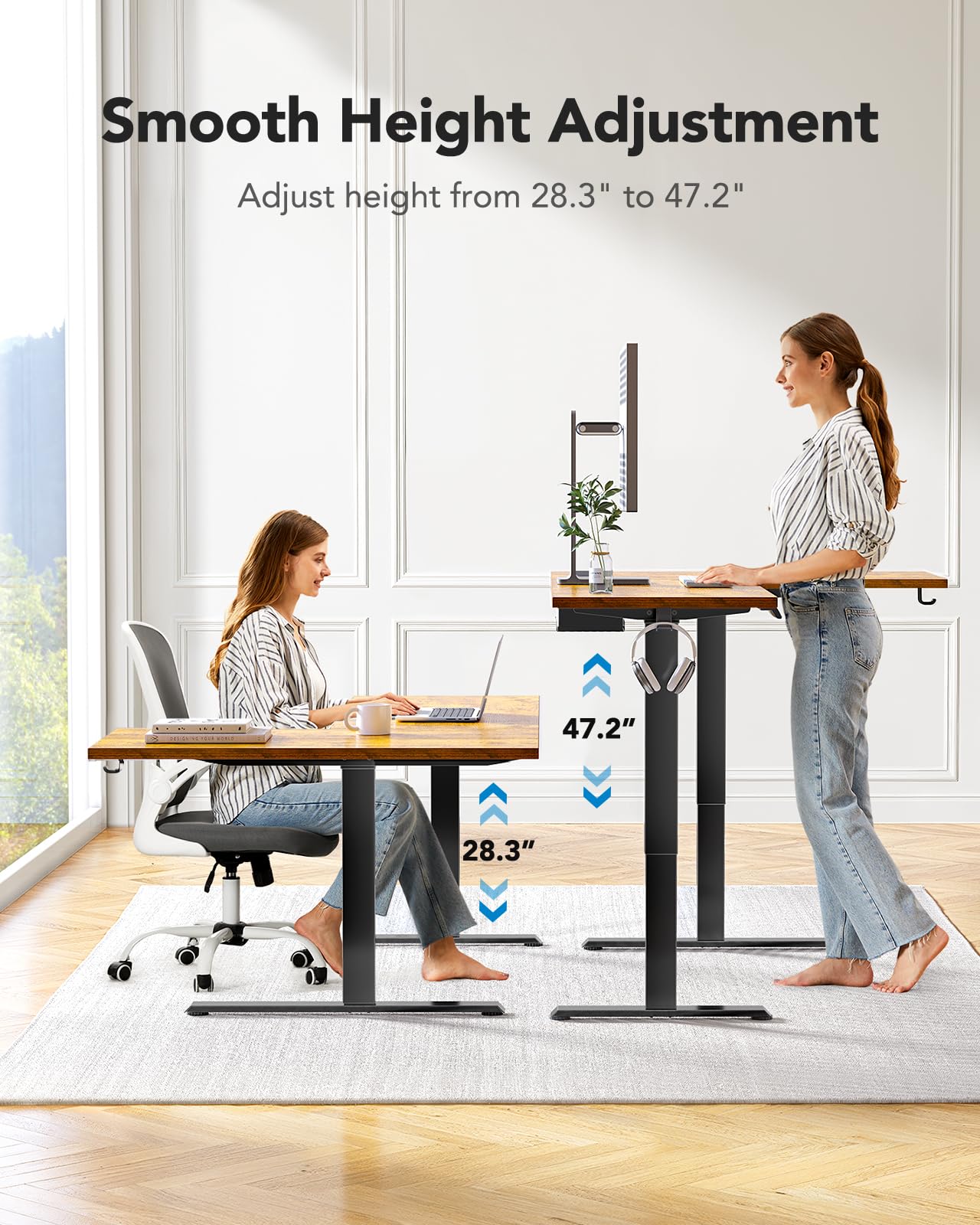 HUANUO 71x48 inch Dual Motor L Shaped Electric Standing Desk with 3 Preset Heights, Electric Height Adjustable Computer Table, 2 Hooks & Cable Tray, Raising Desk for Home Office, Vintage Brown