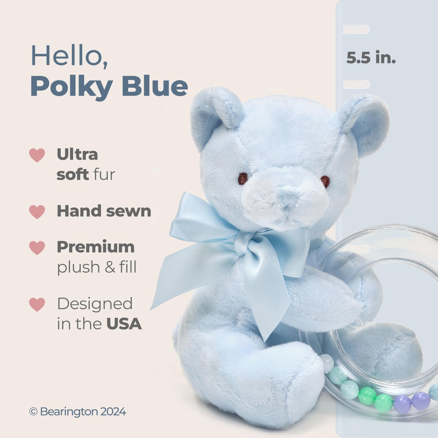 Bearington Collection Baby Polky Blue Plush Stuffed Animal Teddy Bear Shaker Toy Ring Rattle, 5" - Baby Boy Toys - Stuffed Animal for Kids