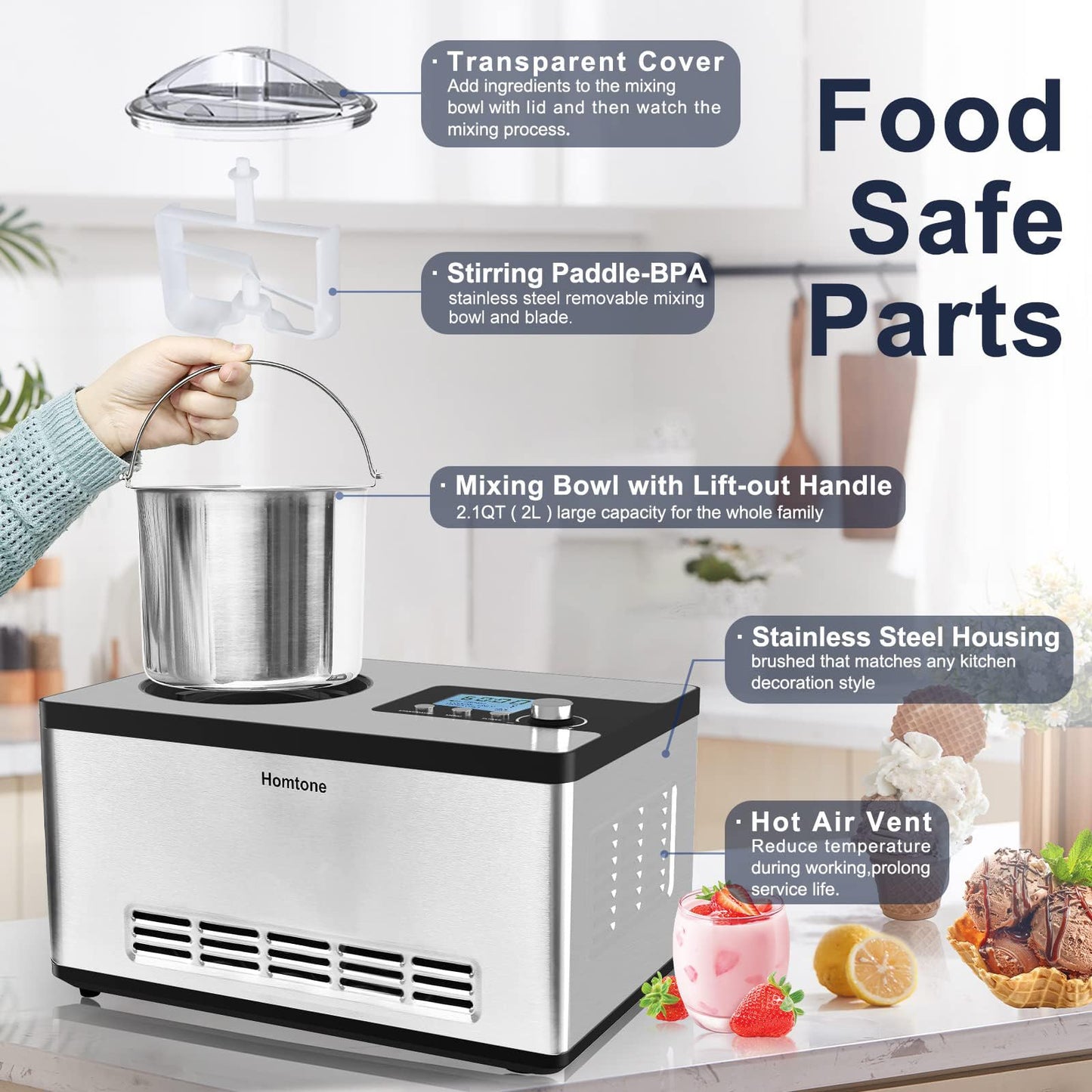 Homtone Ice Cream Maker, No pre-Freezing Automatic Ice Cream Machine 2.1 Quart with Built-in Compressor and LCD Timer for Making Ice Cream,Gelato in 30-60 min