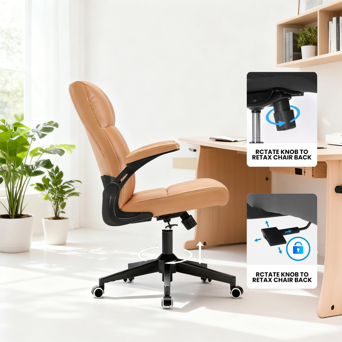 balmstar Leather Office Chair Computer Desk Chair, 360° Swivel Rolling Wheels, Adjustable Tilt Angle 90°-135° with Lumbar Support Executive Chair for Home Office, Working with 450LBS Capacity(Brown)