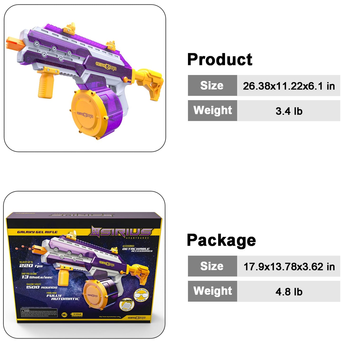 Sirius Gel Ball Blaster Gun 220FPS (XL Size), Full Auto Electric Water Bead Rifle with 1500 Capacity Mag, 1800mAh Rechargeable Battery, Splatter Ball Toy for Age 14+ & Adults (Purple)