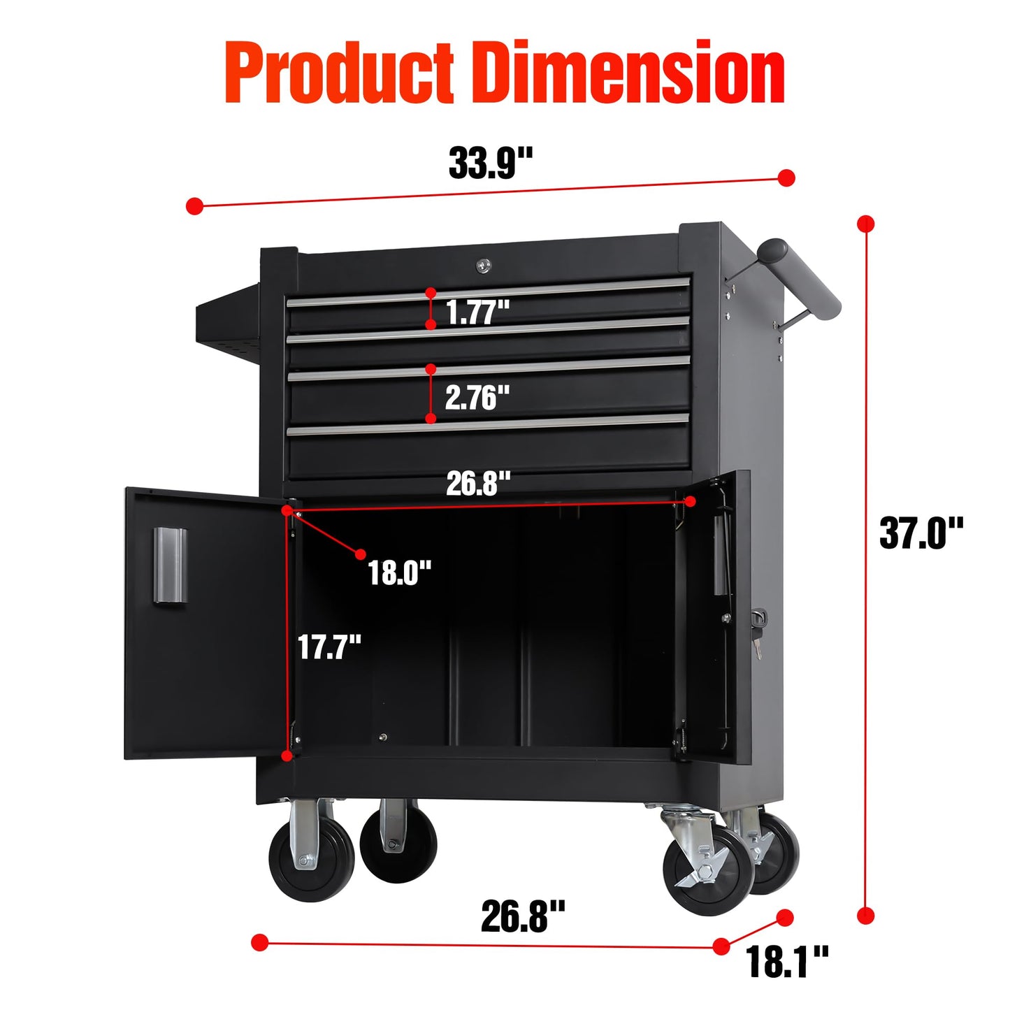 TANKSTORM 26" Professional Tool Chest Heavy Duty Cart Steel Rolling Tool Box with 4 Lockable Drawers and Doors/Profossional Grade (TZ64-BK)
