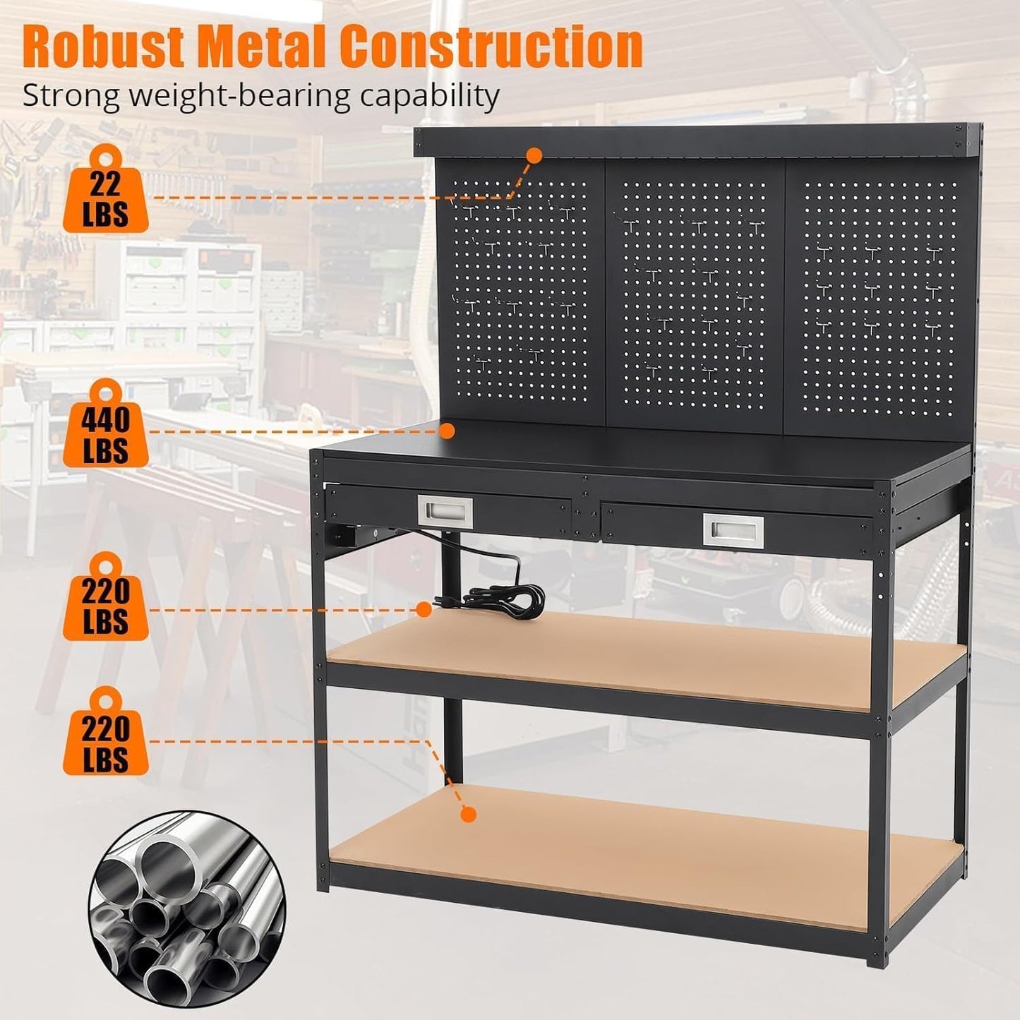 KOKEBREN 48'' 3-Tier Adjustable Workbench, Heavy Duty Workbench with Drawer and Backplate, 2000 LBS Capacity Work Table, Suitable for Office, Garage, Workshop