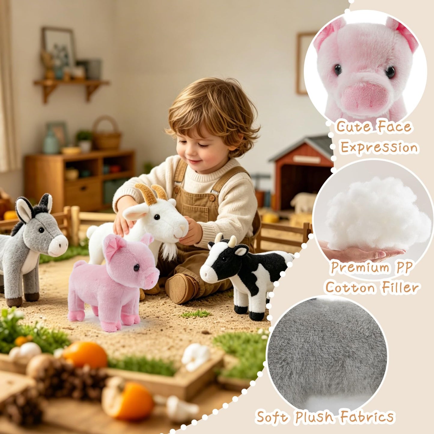okegztoa 4 Pack 8" Plush Farm Stuffed Animals Set – Pig, Goat, Cow and Donkey, Ultra Soft Washable Toys for Kids, Adorable Farmhouse Nursery Decor for Toddlers
