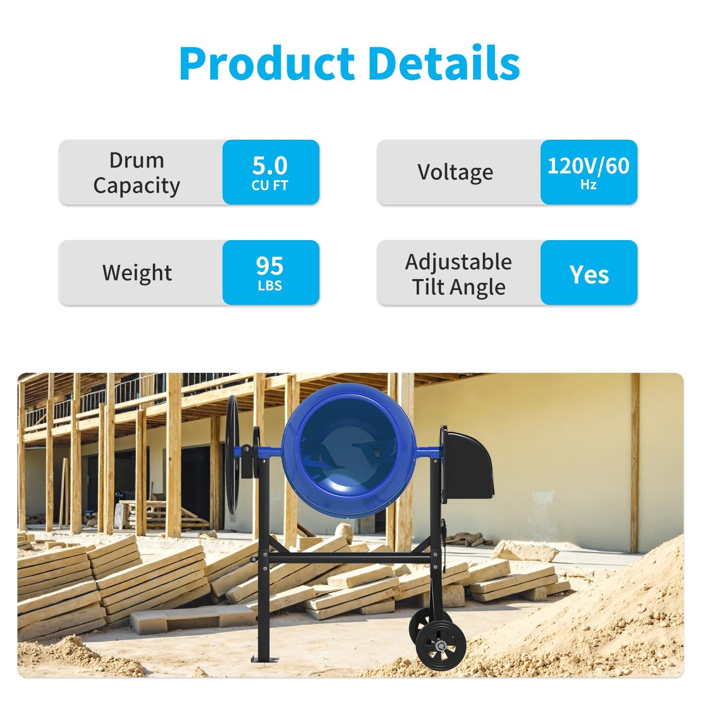 TABU 5.0 Cu.Ft. Electric Cement Mixer, 1/2HP Portable Concrete Mixer, Mortar Mixing for Seeds/Stucco, Freestanding Cement Mixing Tools with Wheels for Stucco, Blue