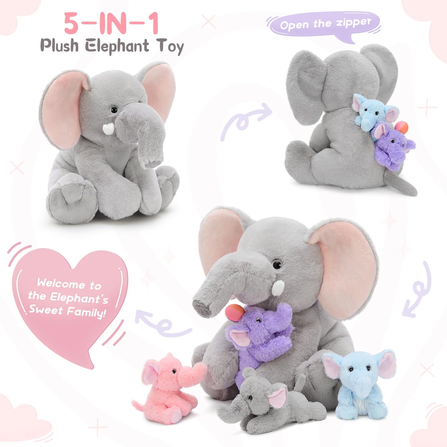 MorisMos Elephant Stuffed Animal with Rotating Trunk, 1 Mommy Elephant with 4 Babies Soft Plush Toys for Girls Boys Kids, Cute Elephant Plushie Gift for Birthday Christmas