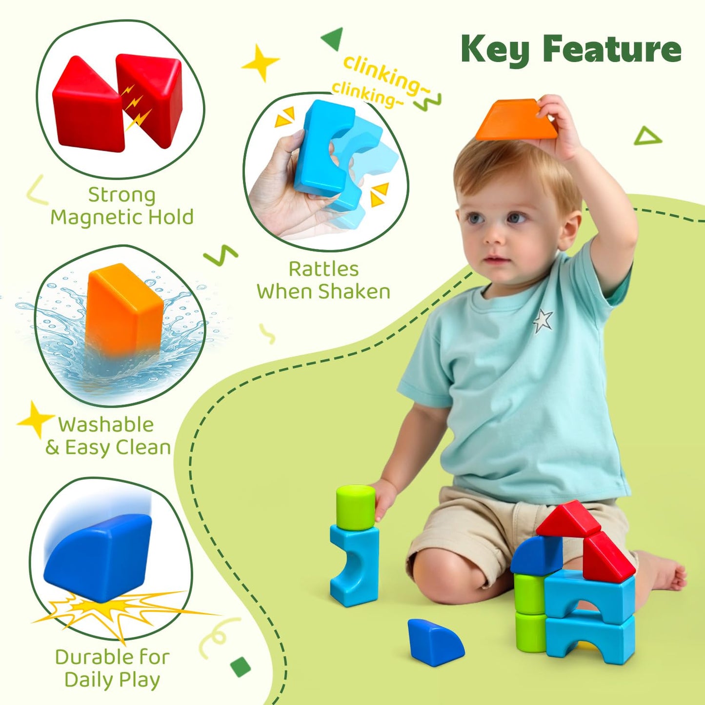 Pairez Toys Magnetic Building Blocks, Large Magnetic Blocks for Kids Ages 1-3, 3D Geometric Shapes Stacking Blocks Set, Montessori Sensory Toys for Toddlers, Boys & Girls (12pcs)