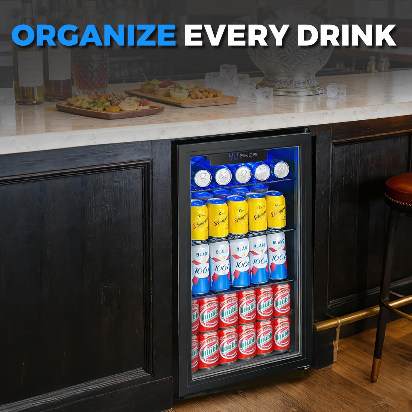 BINGERMA Under Counter Beverage Refrigerator 4.0 Cu.Ft, Glass Door Drink Fridge with Blue LED Light and Adjustable Temperature for Soda, Beer and Cans, Compact Mini Bar for Kitchen and Office