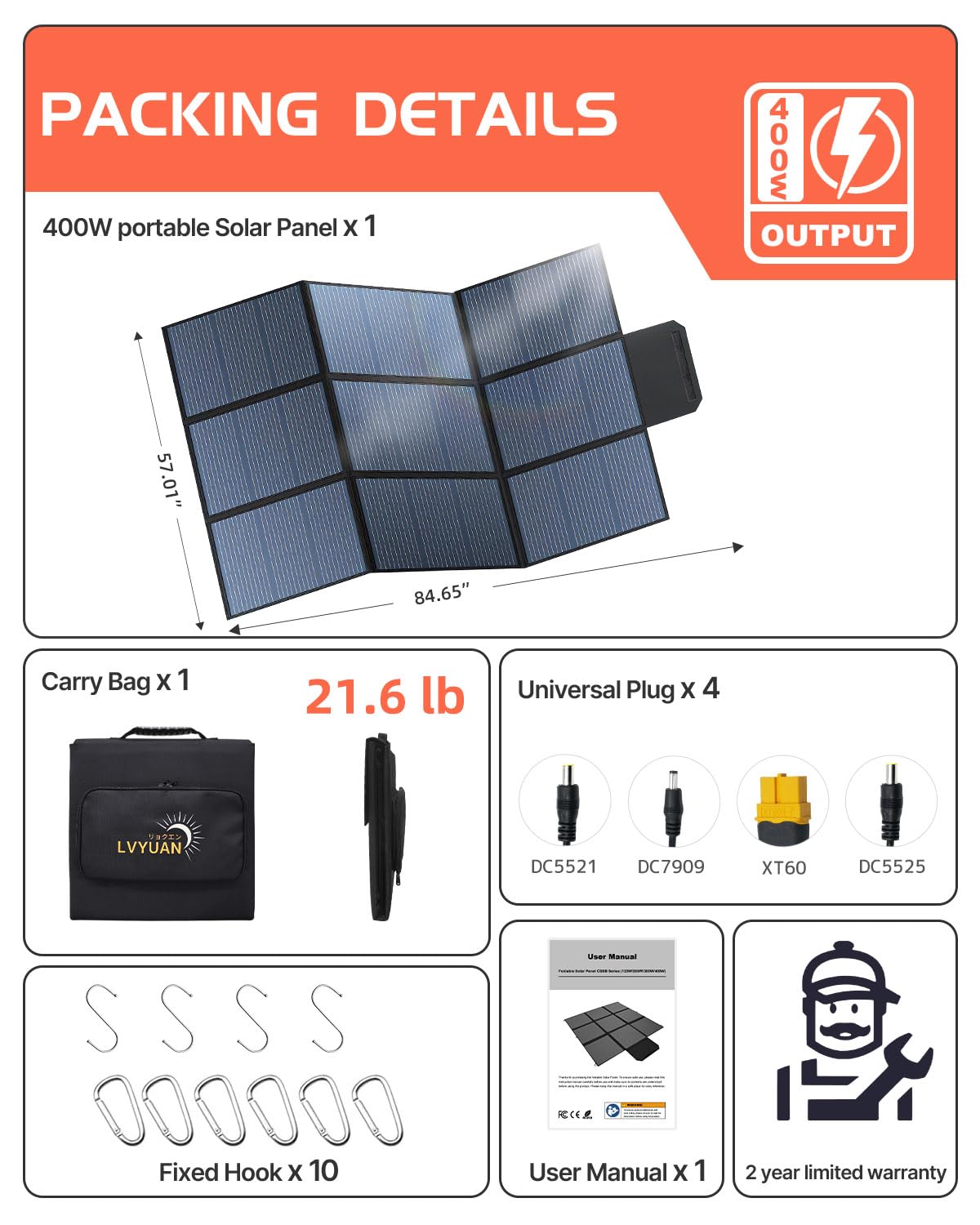 LVYUAN 400W Portable Solar Panel, 20V Foldable Pillow-Sized Solar Panel IP64 Waterproof, Upgraded 23% Efficiency for Solar Power Station Generator for Outdoor Camping Backpacking Hiking