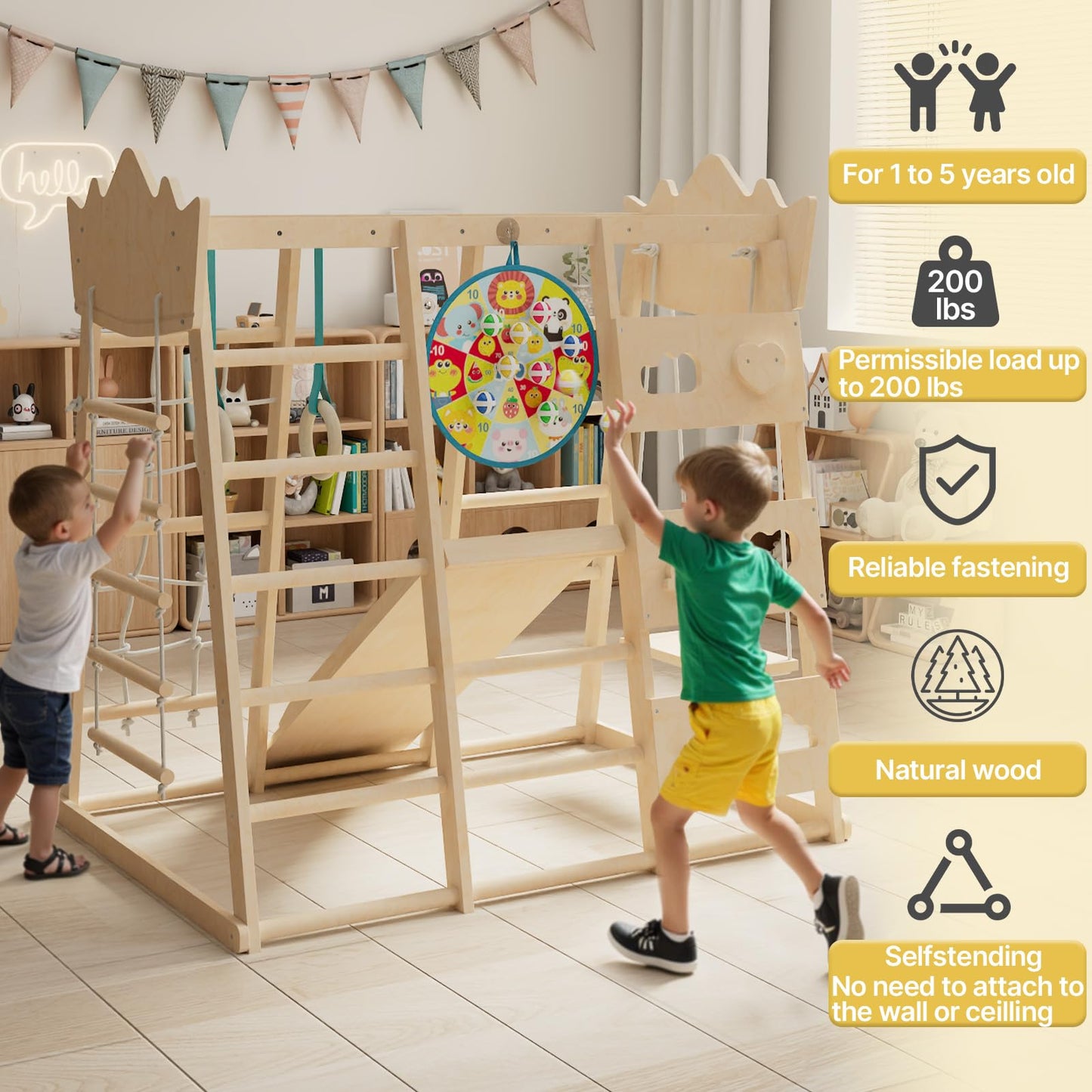 9-in-1 Indoor Jungle Gym, Indoor Playground for Toddlers,Wooden Montessori Climber Playset with Slide, Swing, Monkey Bar, Climbing Rock Climbing Net, Rope Ladder, Climbing Ladder, Rings and Dart Board