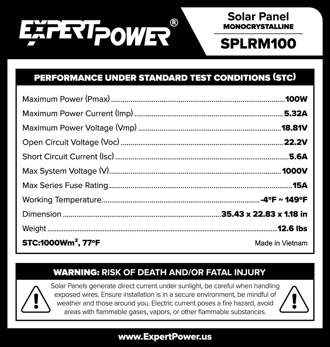 4-Pack ExpertPower 100 Watt 12 Volt Monocrystalline Solar Panel, Compact Design 35.43 x 22.83 x 1.18 in, High Efficiency Module PV Power for Battery Charging Boat, Caravan, RV, Off Grid Applications