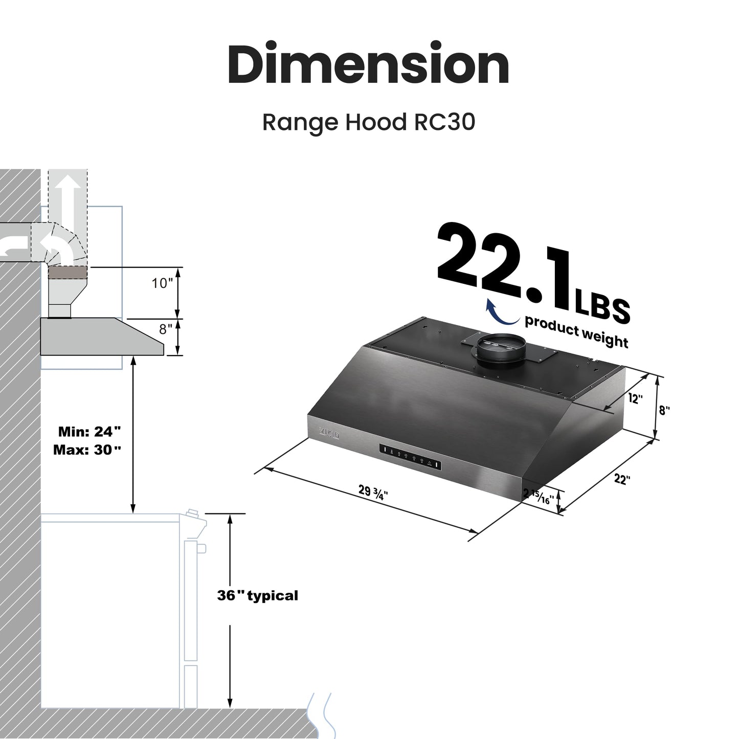 VIKIO HOME 30 inch Range Hood Stainless Steel(PVD), Black Stove Hood with 1200 CFM with 1.5 Sones Quiet,3 Speed Exhaust Fan Hood Vents for Kitchen,Under Cabinet Range Hood with GU10 LED Lights