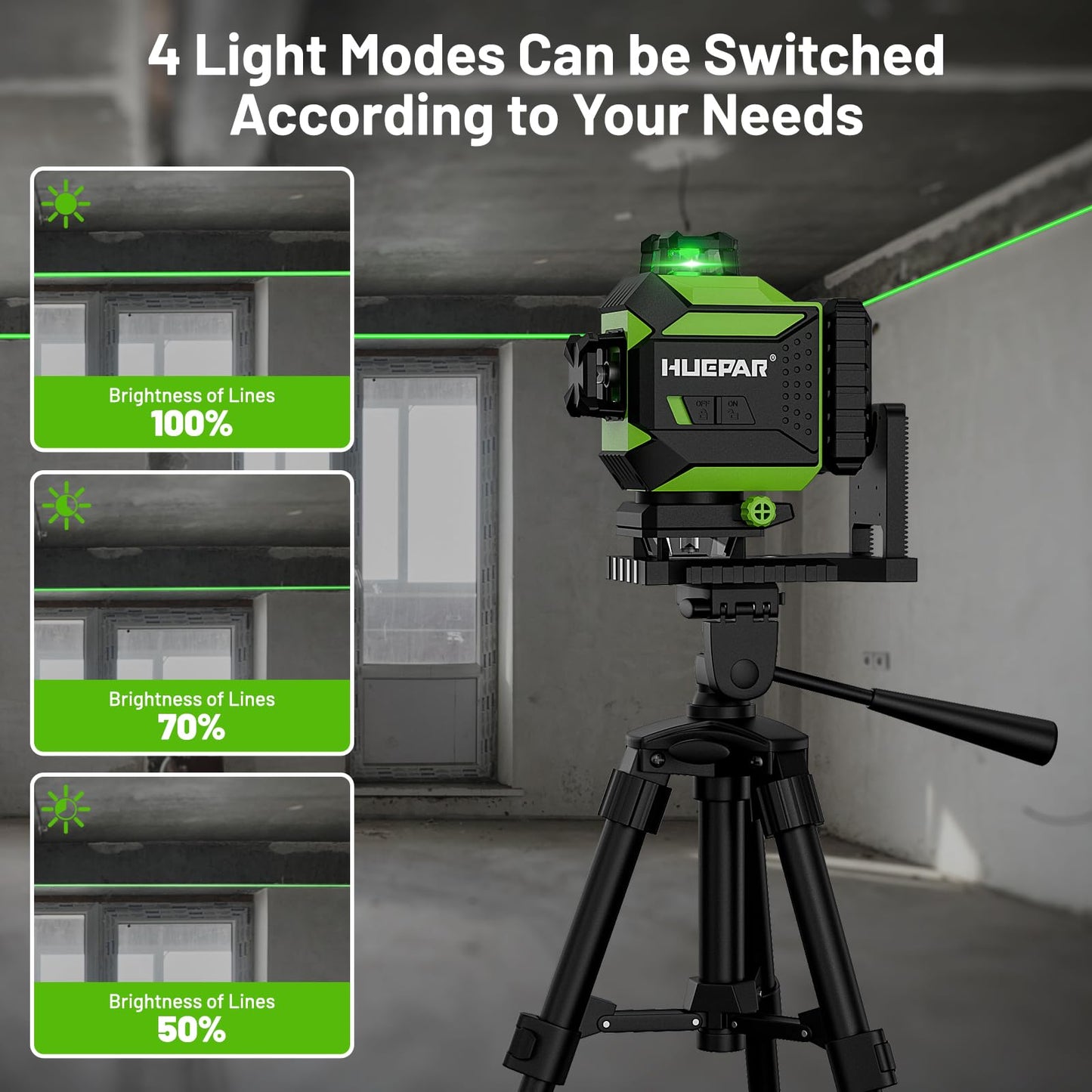 Huepar 4x360 Laser Level Self-leveling 4D Green Beam Cross Line 16 Lines Tiling Floor Laser Tool -2x360 Horizontal/Vertical Laser Lines -rechargeable Li-ion Battery & Integrated Magnetic Bracket 704CG