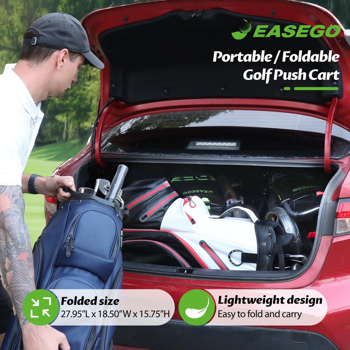 EASEGO Golf Push Cart 4 Wheel : Golf Walking Carts with Phone Holder/Cup Holder/Umbrella Holder/Foot Brake/Cooler Basket 4 Wheel Superlite Golf Pull Cart All-Terrain Golf Caddy Carts(Black)