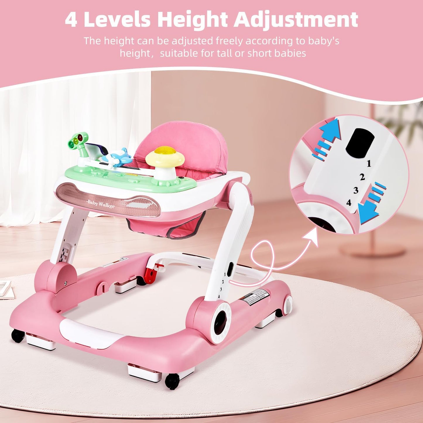 5-in-1 Baby Walker with Wheels, Baby Walkers for Boys Girls 6-18 Months, Foldable Adjustable Walker with Bouncer, Feeding Tray, Music & Detachable Footrest(Pink)