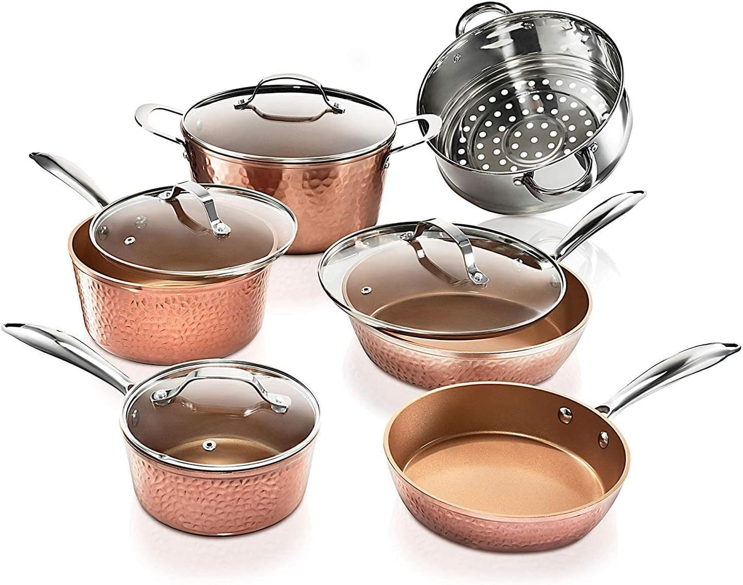 Gotham Steel Pots and Pans Set Nonstick Cookware Set – Premium Ceramic Cookware Set with 3x Coated Nonstick Surface + Induction Plate for Even Heating, Oven/Dishwasher Safe, 10 Piece - Hammered Copper