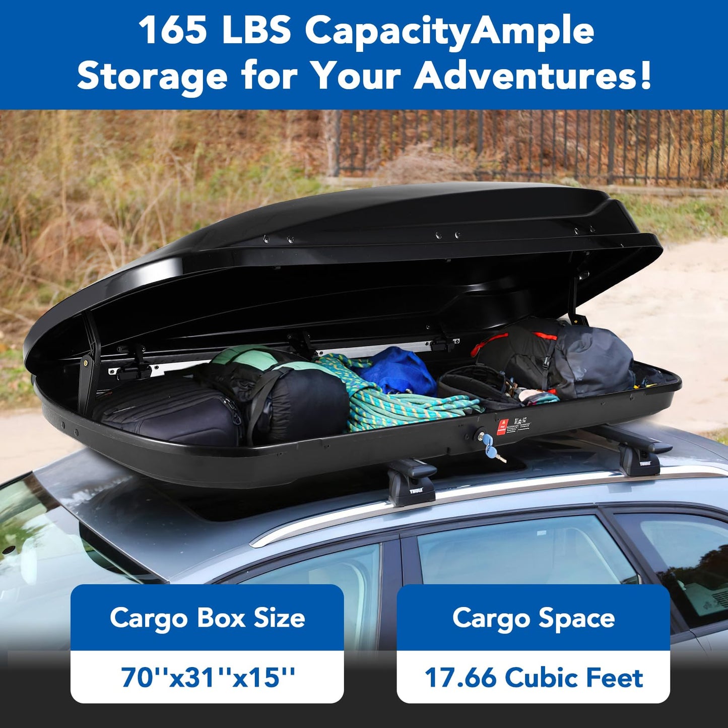GarveeHome Rooftop Cargo Carrier Hard Shell, 17.6 Cubic Feet Heavy-Duty Roof Cargo Box, Lockable Roof Top Cargo Carrier Box with 2 Reinforced Straps and 2 Keys for Car, Wagon, SUV, Black 70x31x15