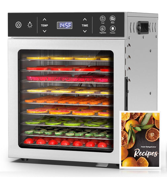 HOPERAN Food Dehydrator Stainless Steel - 400W Electric Dehydrator Machine with 4 Presets, Adjustable Timer, Temperature Control, Digital Food Dryer for Herb, Dog Treats,Meats & Veggies (10 Trays)