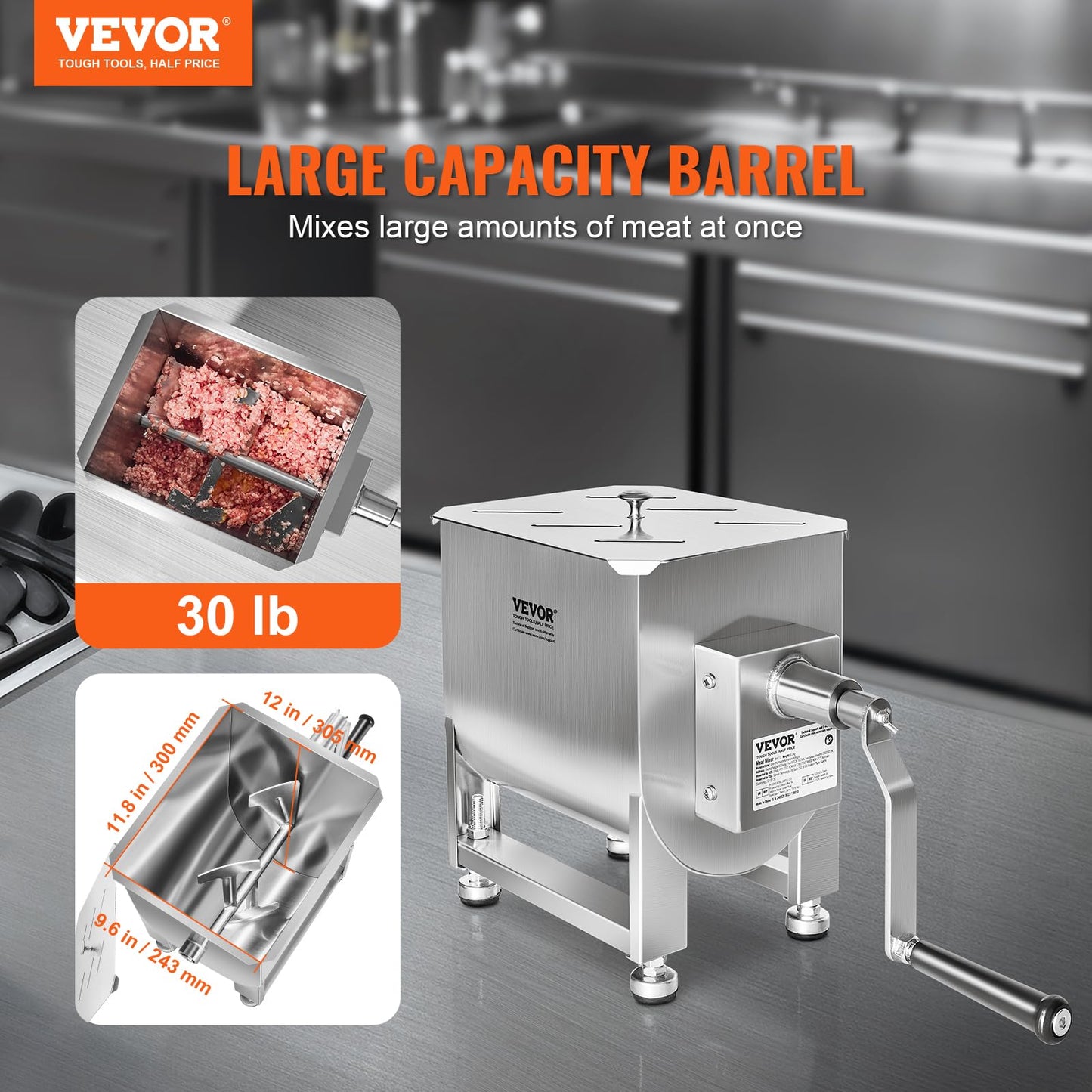 VEVOR Manual Meat Mixer, 30 Pound Capacity Tank Meat Processing Equipment, Stainless Steel Meat Mixer, Sausage Mixer Machine with Lid and Handle, Ground Beef Hand Mixer, Silver