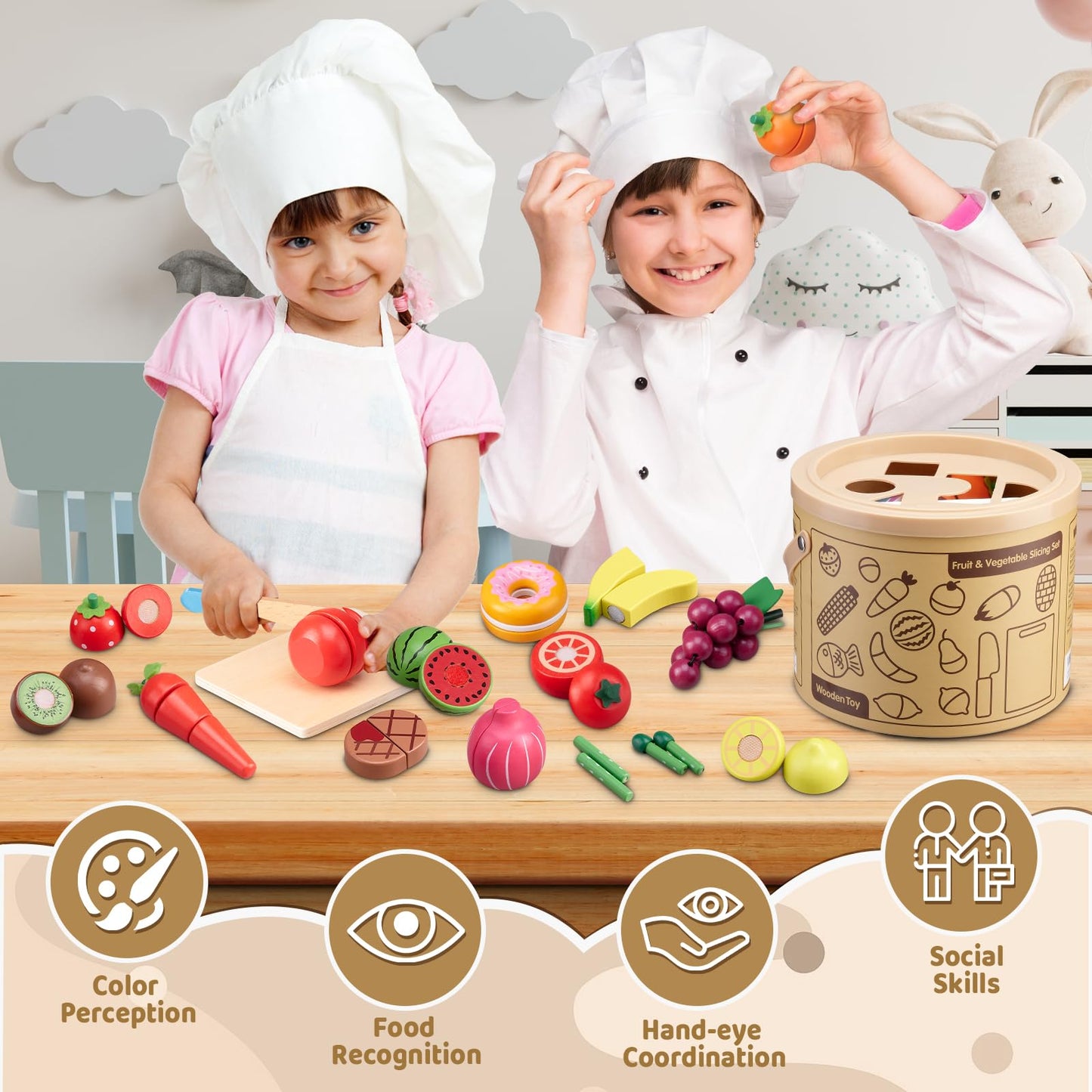 45 Pcs Wooden Pretend Play Food Set for Kids Kitchen - Realistic Cutting Fruits & Veggies with Easy-Cleanup Storage Bucket, Montessori Learning Toy Gift for Toddlers Ages 3-6