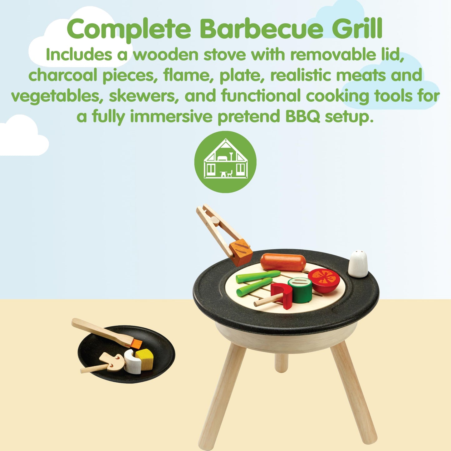 PlanToys® Wooden Barbeque Pretend Cooking Toy for Kids | Kitchen Toy Includes Grill, Food Pieces, Tongs & Charcoal Stove | Montessori Food Role Play Set for Fine Motor Skills & Imaginative Learning