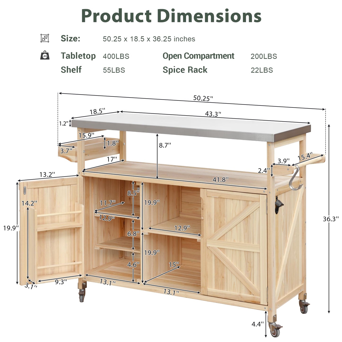 Ball & Cast Outdoor Kitchen Island,Rolling Bar Cart & Storage Cabinet,Farmhouse Solid Wood Outdoor Grill Table with Stainless Steel Top,Spice and Towel Rack,for Kitchen,Barbecue,Natural,50.25"