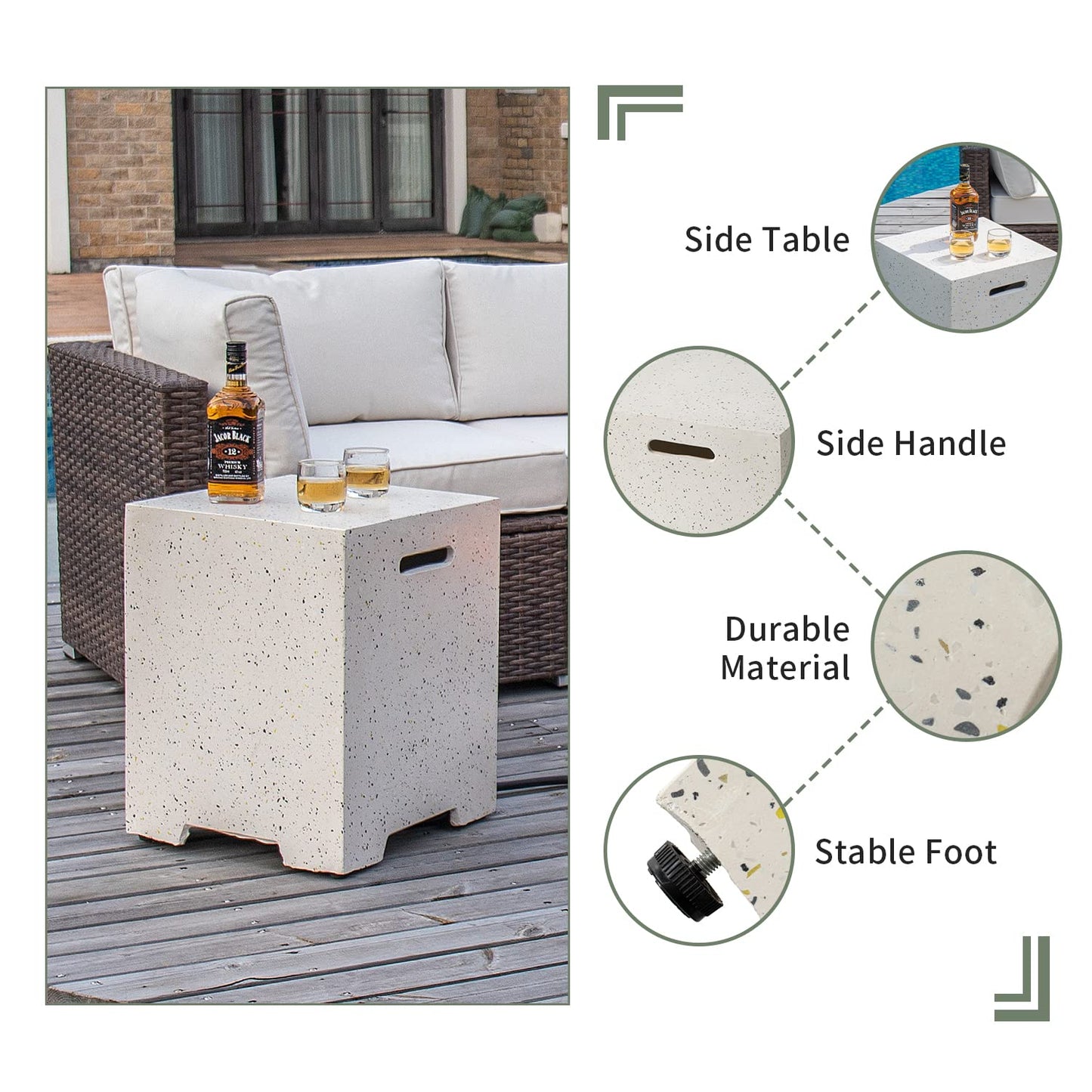 COSIEST 2-Piece Outdoor Propane Fire Pit Table Set w Tank Table, 28" Terrazzo Round Fire Table (Certified, 40,000 BTU) w 16" Tank Cover Side Table 20lb, Wind Guard, Rain Cover for Garden, Pool