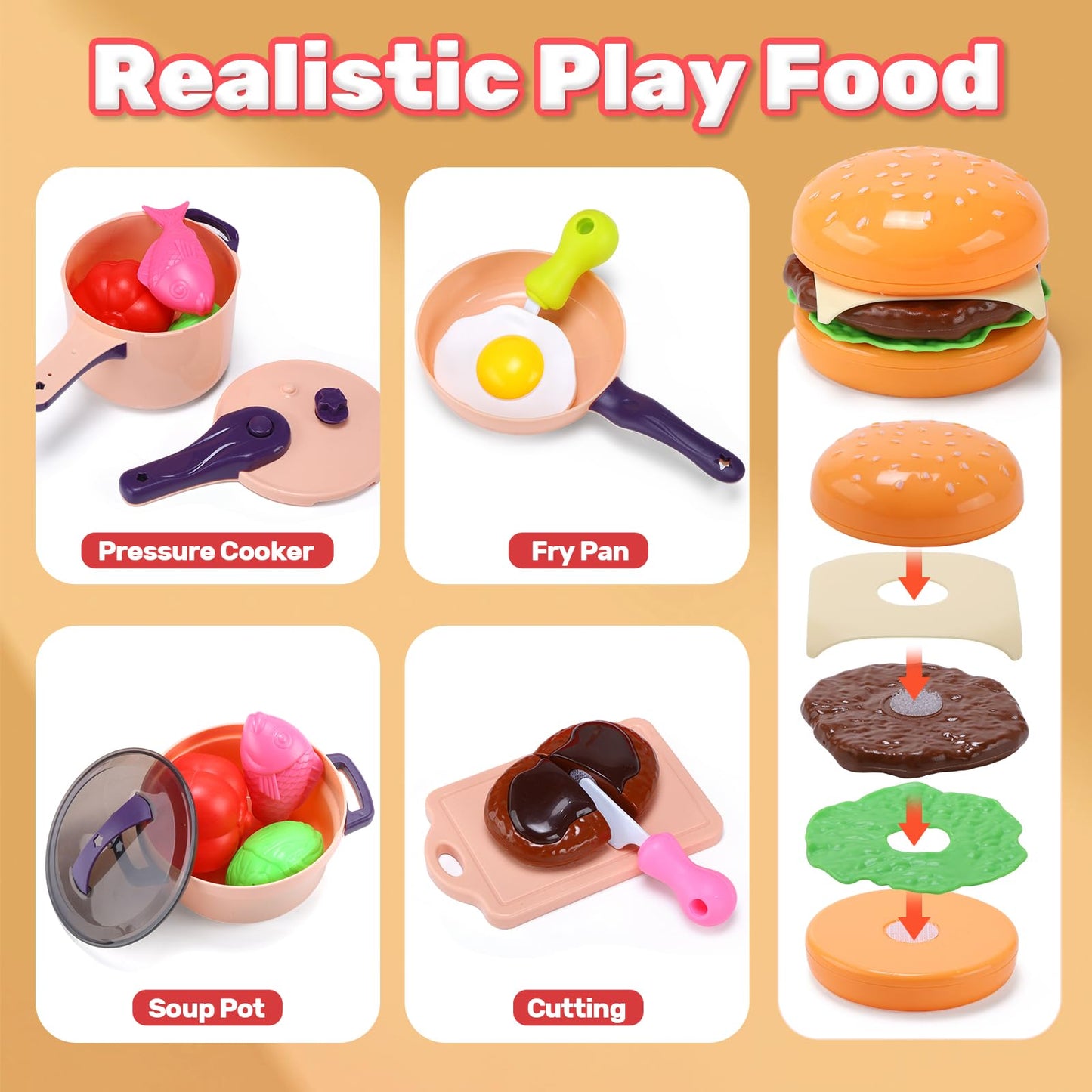 HOLYFUN Play Kitchen Sink with Running Water, Water Table Toy, Sink Toy with Functional Faucet, Play Food, Pots & Pans Kitchen Accessories, Realistic Pretend Play Gift Set for Toddlers and Kids (Pink)
