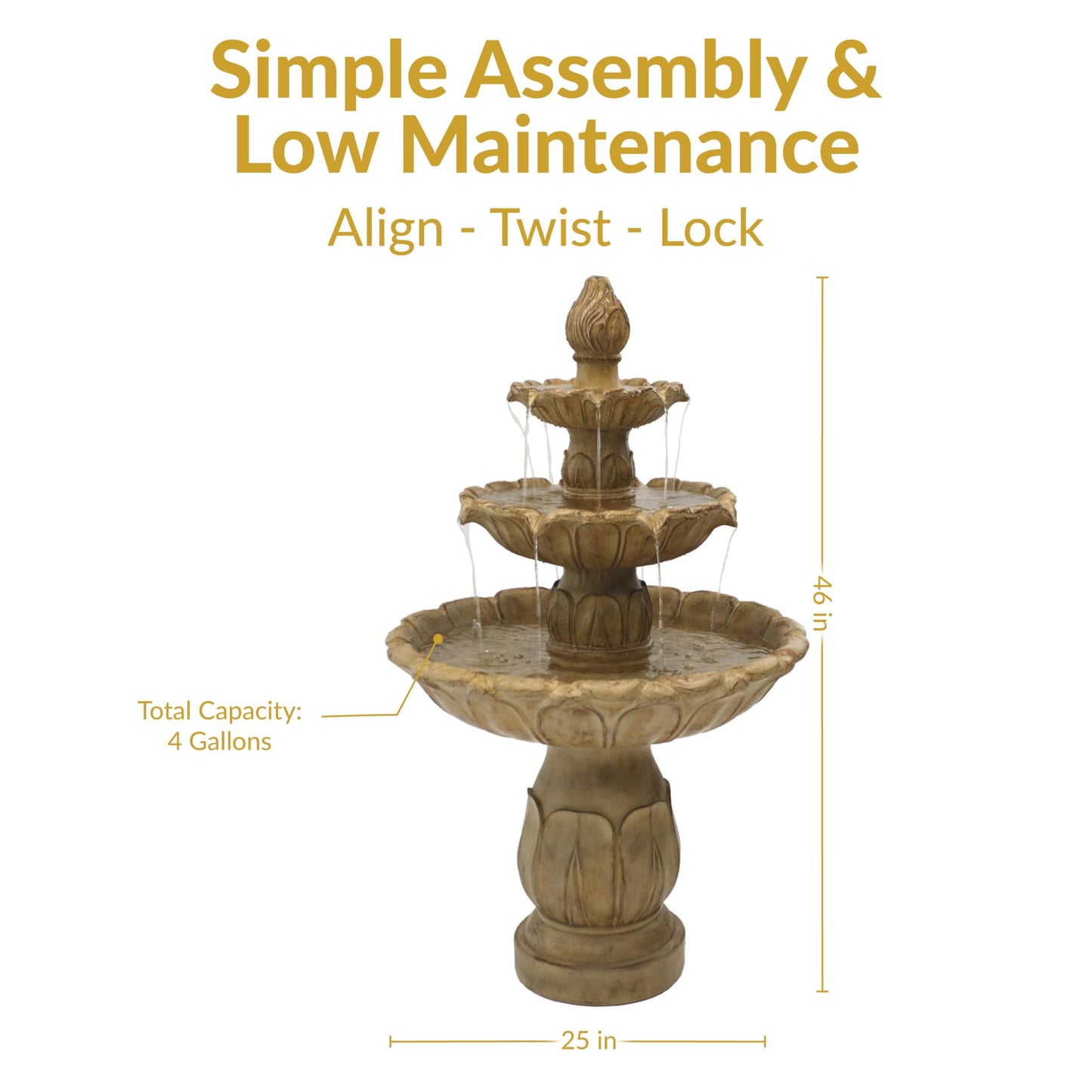 Sunnydaze Classic Tulip 46" Tiered Outdoor Water Fountain - 3-Tiered Outdoor Fountain for Garden, Patio, or Backyard - Garden Stone