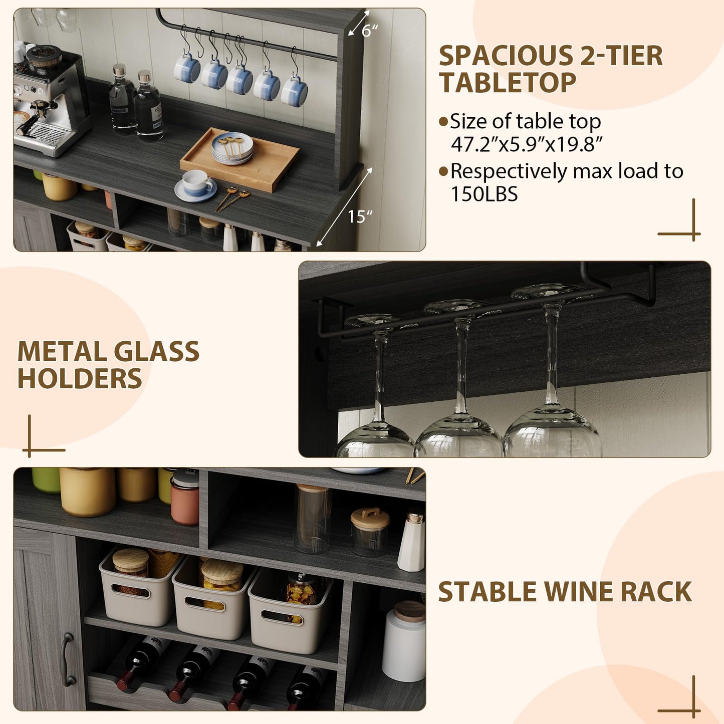 47 in Farmhouse Buffet Sideboard Cabinet with Power Outlets Coffee Bar Cabinet with Storage, Large Buffet Storage Cabinet Table with Wine Racks, Goblet Holder, Hooks for Kitchen, Dining Room, Grey