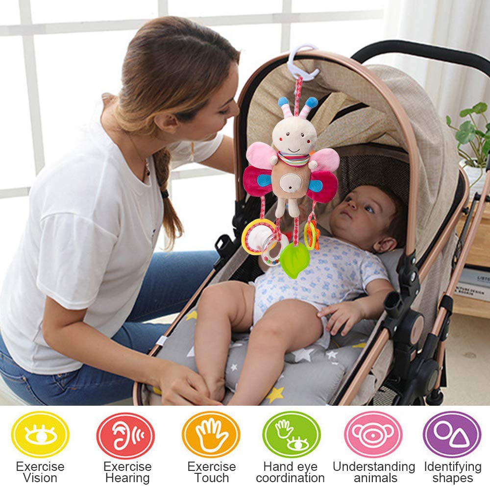 Sealive 4 Piece Baby Stroller Sensory Musical Toys, Soft Rattles Hanging Plush Activity Crib Car Seat Toys for Babies Boy Girl
