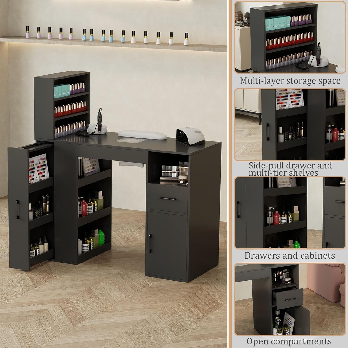 GOFEI Professional Nail Desk for Nail Tech with Storage Cabinet and Fan – Modern Nail Table for Salon, Nail Tech Table with Drawer, Armrest & Dust Collector,Manicure Table Nail Desk (Black)