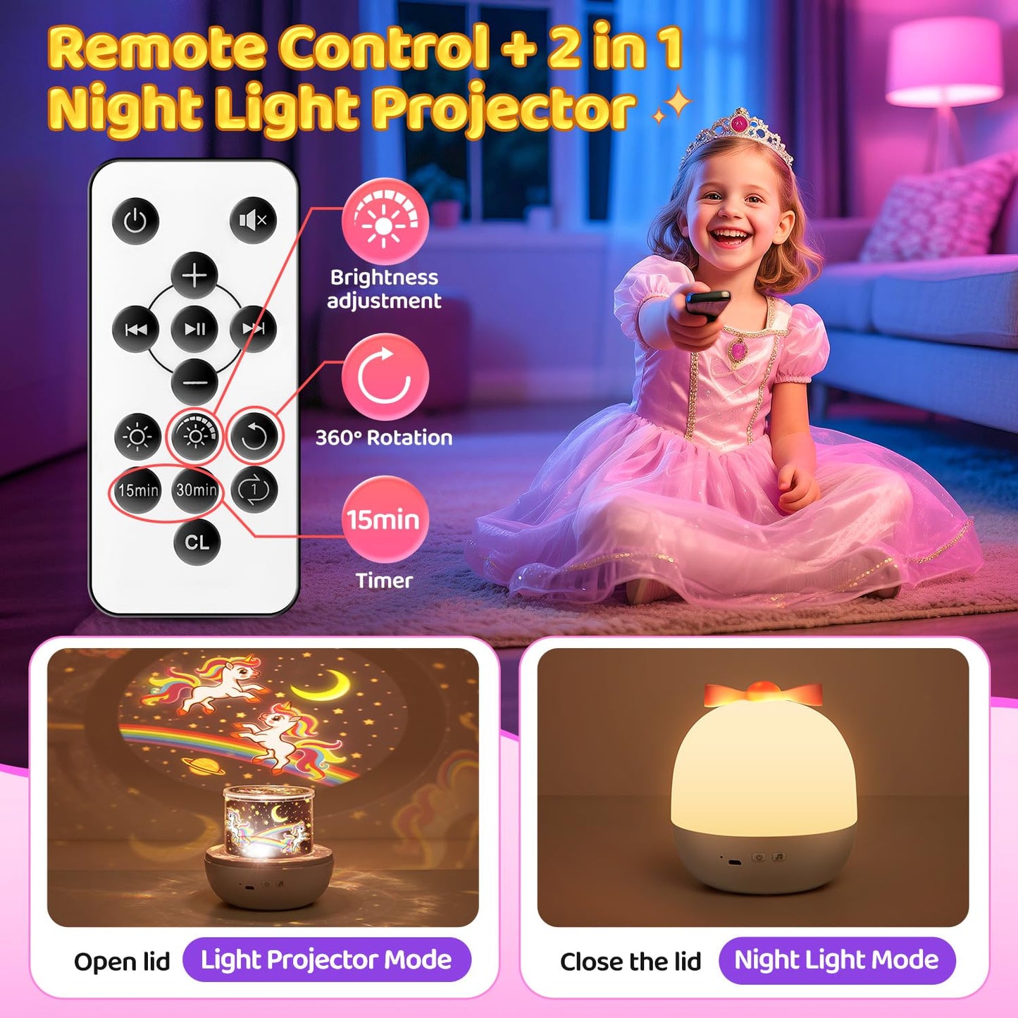 Pikoy Unicorn Toys for Girls Gifts, 15 Films+15 Lullaby Sound Machine for Kids Night Light Projector, Remote+Rechargeable Night Light for Kids Gifts, 360 °Rotation Princess Mermaid Toddler Girl Toys