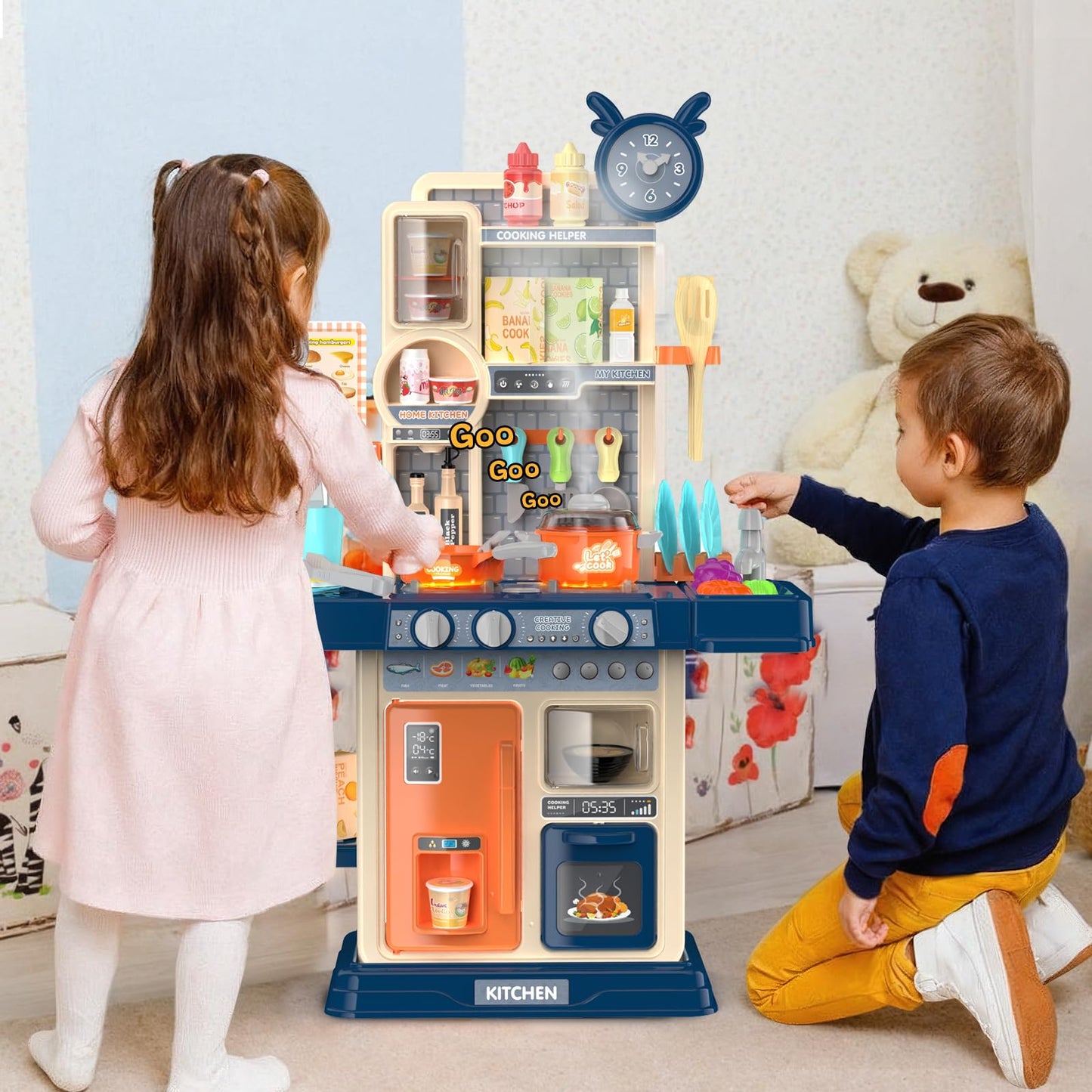 Play Kitchen for Toddlers, Kids Kitchen Playset Toddler Girl Toys with Cooking Stove Steam, Sink and Food Pretend Cooking Set Toy for 3 4 5 Year Old Kid Birthday (Blue)