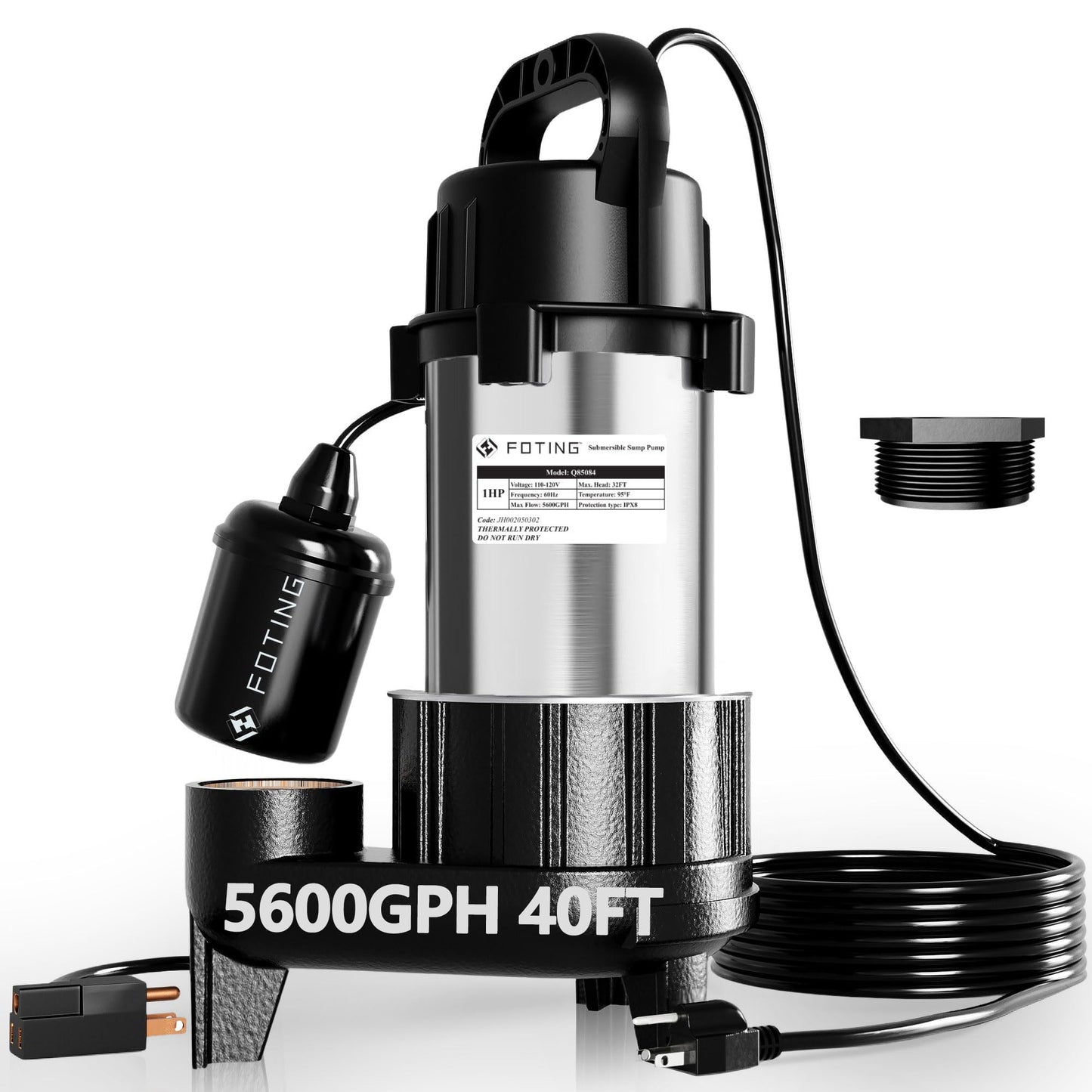 FOTING Sump Pump Submersible Sewage/Effluent Pump - Heavy Duty Cast Iron - 115V Septic Pump for Sump Basin/Residential/Sewage/Basement, 1HP 5600 GPH Sewage Pumps 2'' NPT