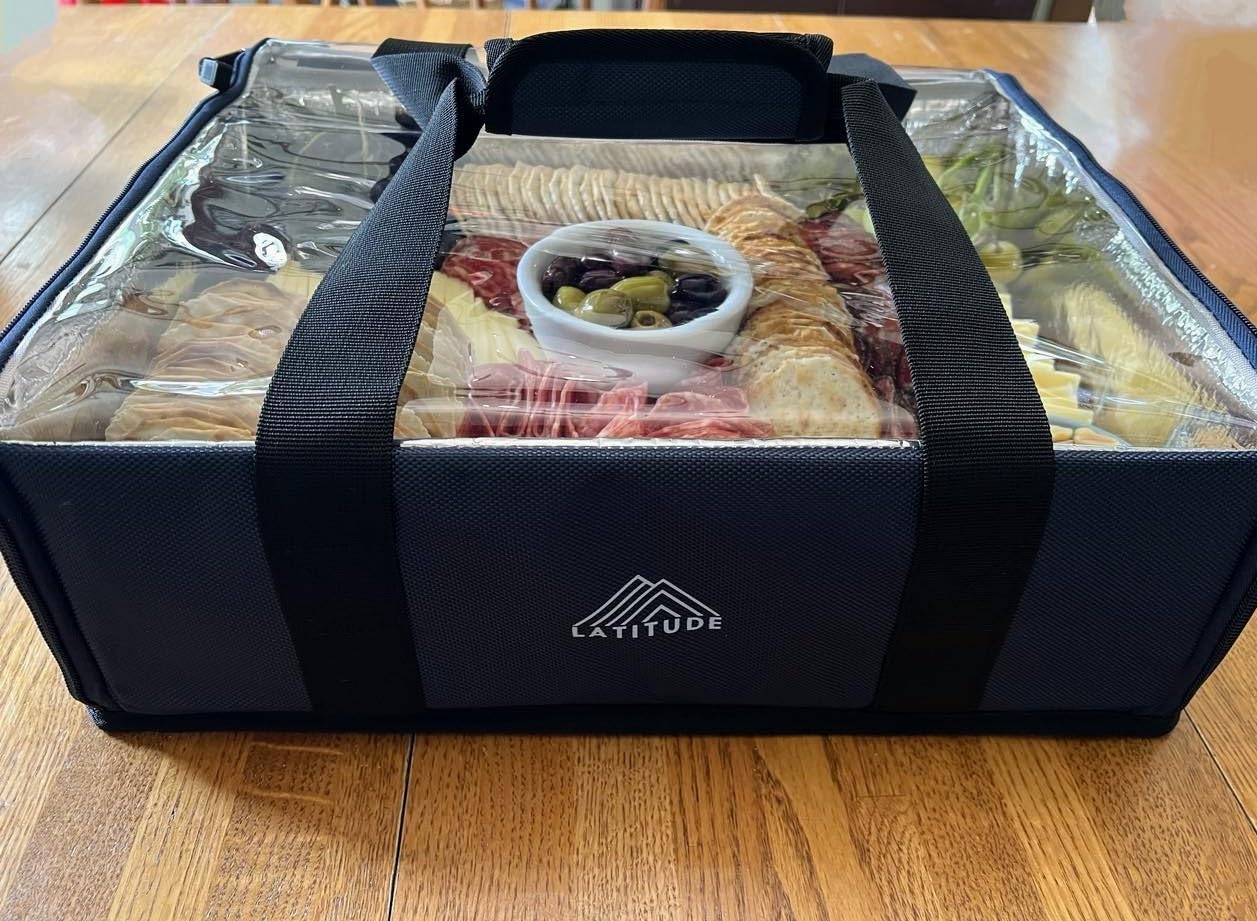 Latitude Board®- Original Chilled Charcuterie Board with a Built in Ice Pack and Thermal Carrier Bag Set. Premium Handcrafted Teak Wood Serving Tray. 15inx11.5inx 2in. Cold Charcuterie Transport