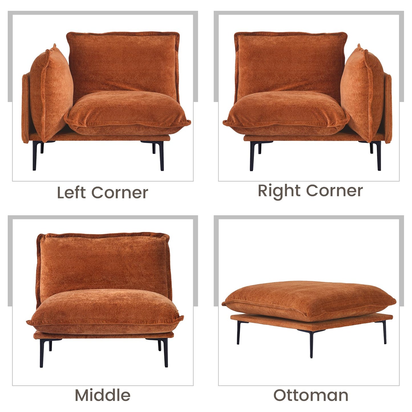 WJShome Velvet Modular Sectional Couch, 74" Loveseat Cloud Couch with Deep Seat Sofa, 2-Seater Sofa with Removable Cushions for Livingroom with 8" High Legs for Small Spaces,Terracotta
