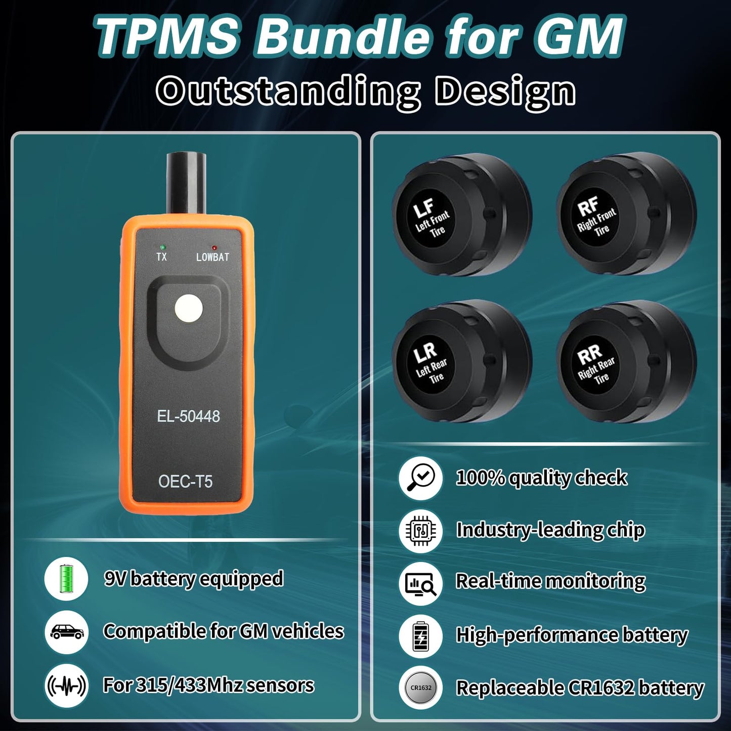 Masoll TPMS Sensor for GM Chevy Silverado Buick Cadillac GMC Pontiac, 315MHz Tire Pressure Sensor Replaces# 13598771,13598772, 4 Tire Sensors with 1 TPMS Relearn Tool, External, Easy to Install
