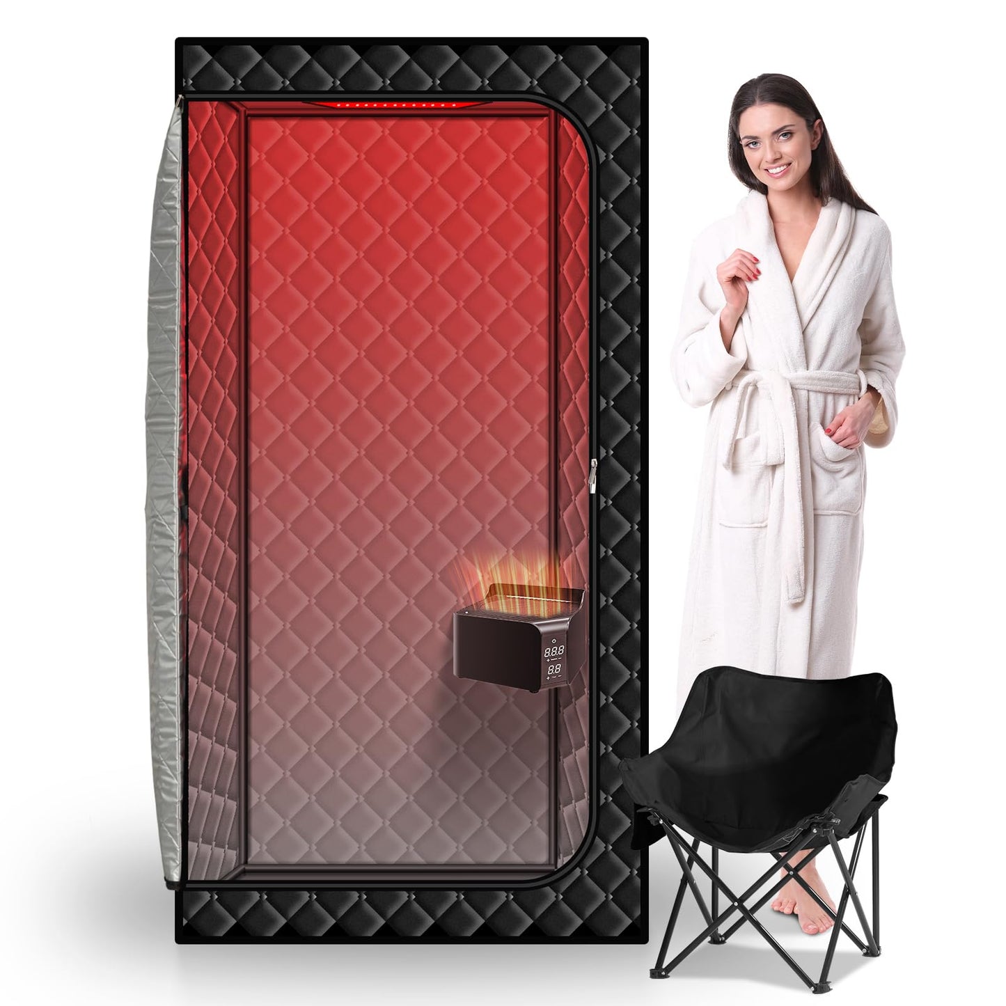 Gollense Hot Air Sauna with 660nm Infrared Red Light Therapy Lamp, Portable Sauna for Home Relaxation One Person Dry Sauna Box, 1500W High Power & 6ft-Tall Personal Tent with Foldable Chair, Black