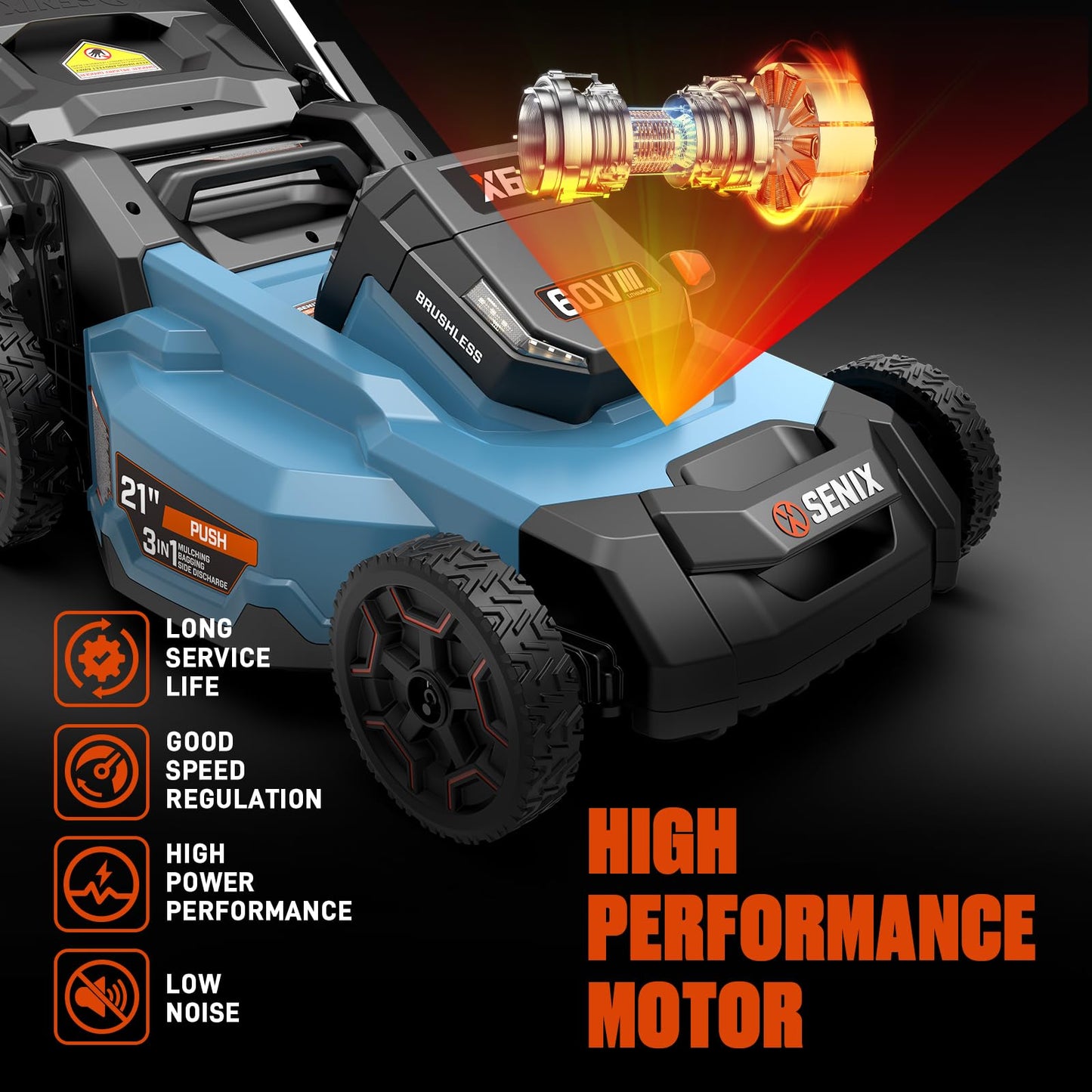 SENIX X6 60 Volt Max* 21-Inch 3-in-1 Cordless Push Lawn Mower, with Bagging, Mulching, and Side Discharge, Height Adjustment, Smart Display, 6Ah Lithium-ion Battery & Charger Included (LPPX6-H)