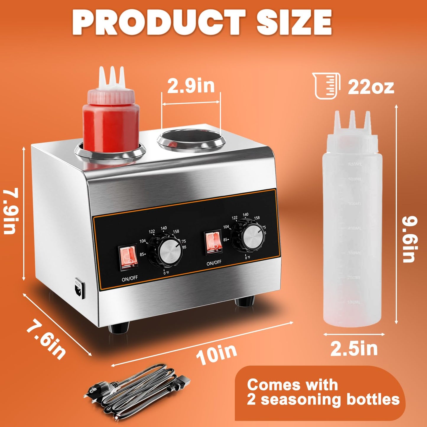 Nacho Cheese Dispenser Warmer Electric Cheese Sauce Warmer Dispenser Commercial Chocolate Warmer Hot Fudge Dispenser for Nacho Cheese Caramel with 22oz/650ml Squeeze Bottles*2