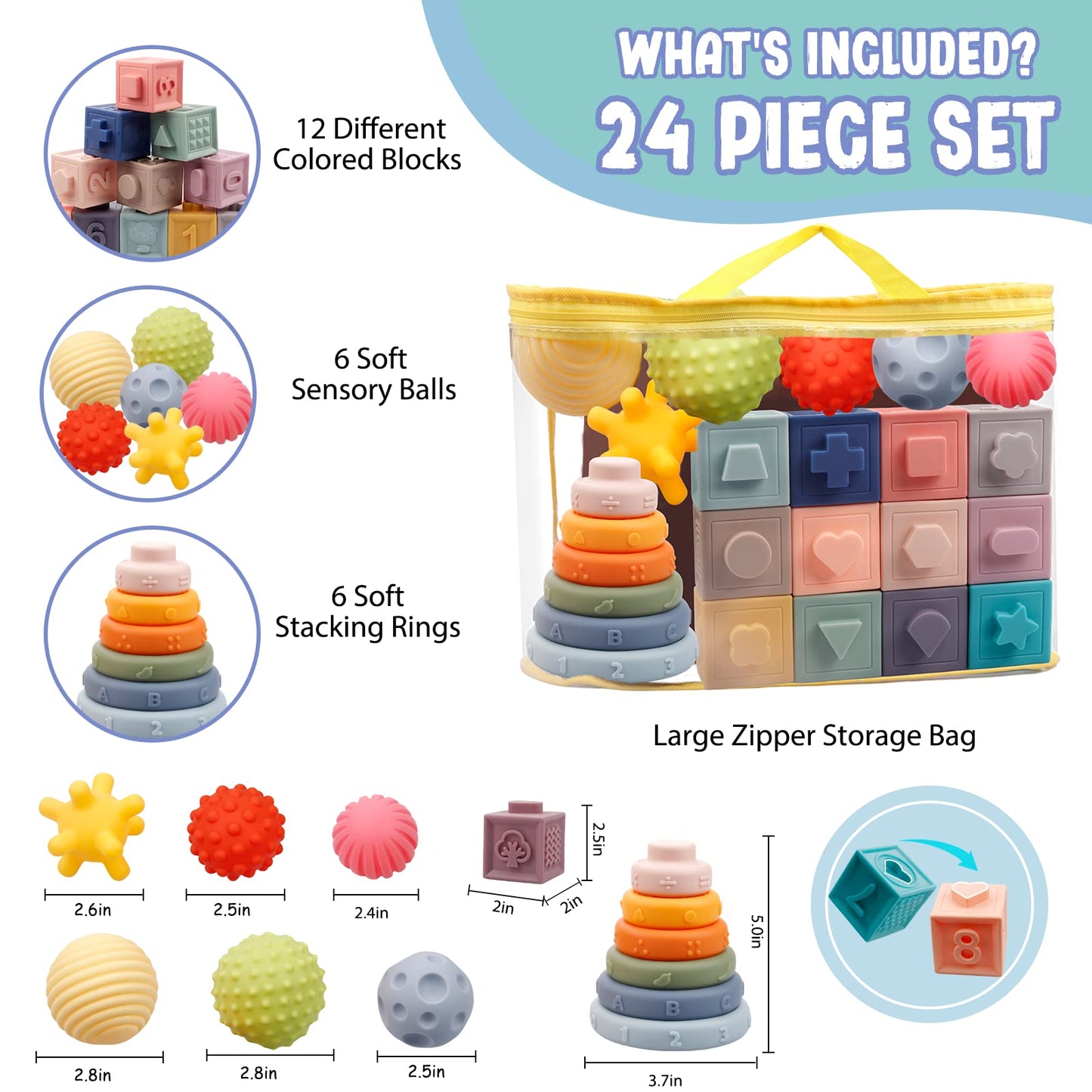 Montessori Toys for Babies 6-12 Months, Soft Baby Blocks Toys Set, 3 in 1 Infant Stacking Building Blocks, Teething Toys Sensory Balls Educational Learning Toys for Toddlers 3-6-9-11 Months Boys Girls