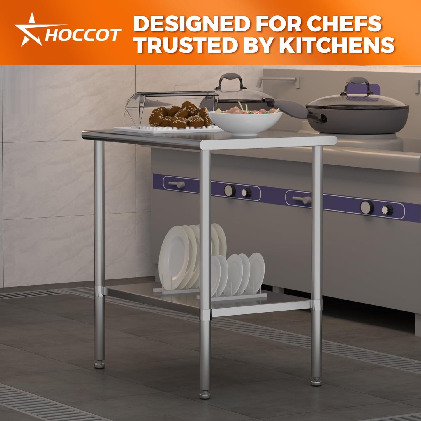 HOCCOT All Stainless Steel Work Table, Heavy Duty Prep Table 24x36 Inch with Stainless Steel Undershelf & Replaceable Feet(Without Casters) Commercial Workstation for Restaurant Kitchen Garage Outdoor
