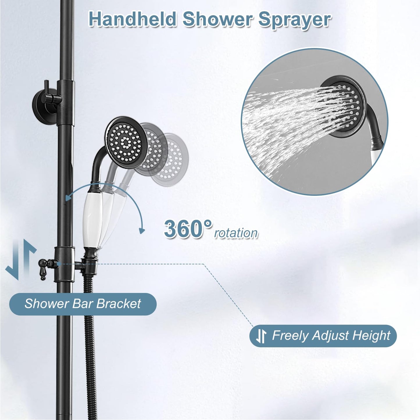 BWE Exposed Bathroom Shower Faucet Set Black Bathroom Shower Faucet Triple Functions 8 Inch Rainfall Shower Head Handheld Spray with Tub Spout Exposed Shower System Double Handle