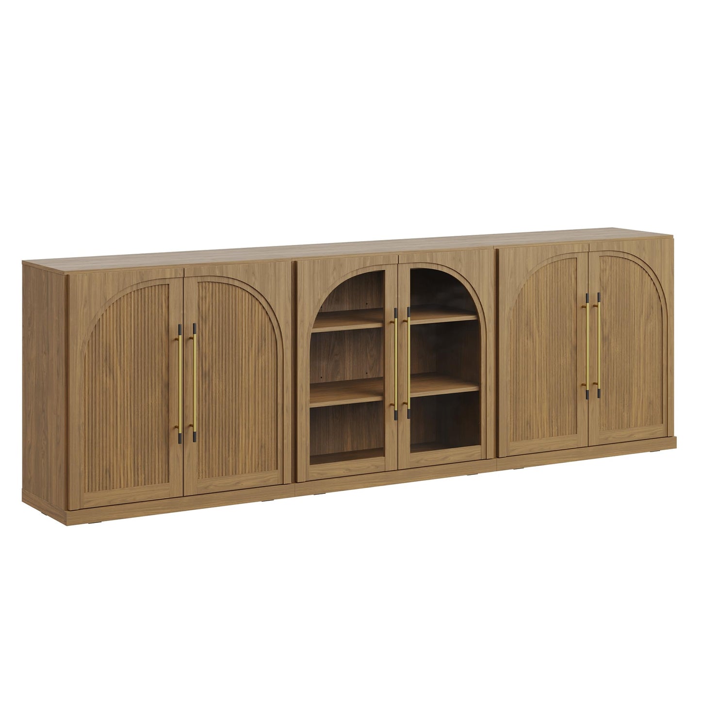 BELLEZE 3-Piece Modular Sideboard Buffet Set Freely Configurable, 2 Arched Wood Door and 1 Glass Door Display Cabinet, 97'' Classic Modern Storage Credenza for Dining Room or Living Room - Camel