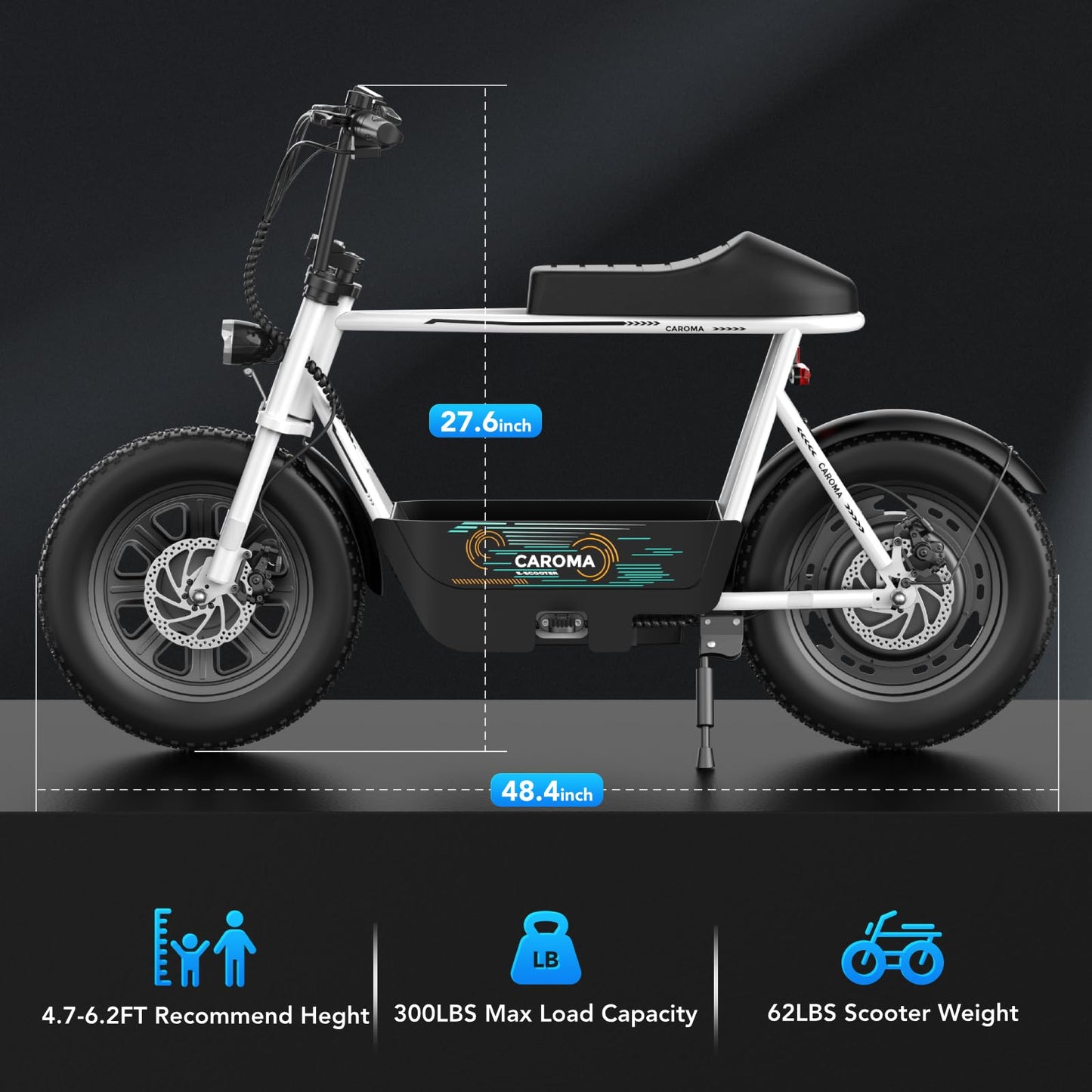 Caroma Peak 800W Electric Scooter with Seat, 16" Fat Tire Electric Scooter for Adults & Teens, 25 Miles Ranges 20MPH Max Speed, Electric Motorcycle for Commuting with Basket (White)