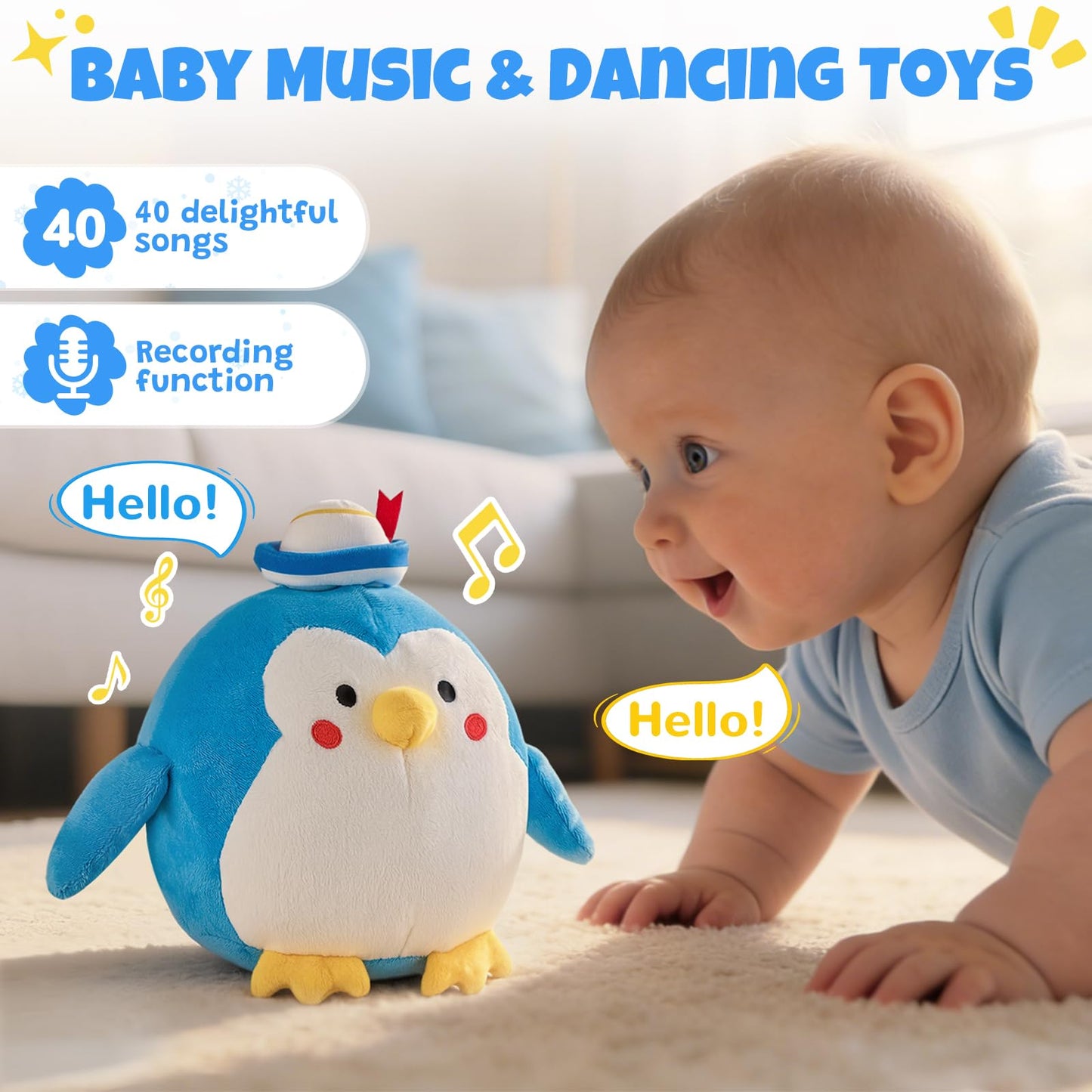 Crawling Penguin Baby Toy with 48 Songs & Record– Interactive Musical Plush Toy for Babies 6-12 Months, USB Rechargeable Dancing Stuffed Animal, Sensory Toy for Toddlers 1-3, Baby Birthday Gift
