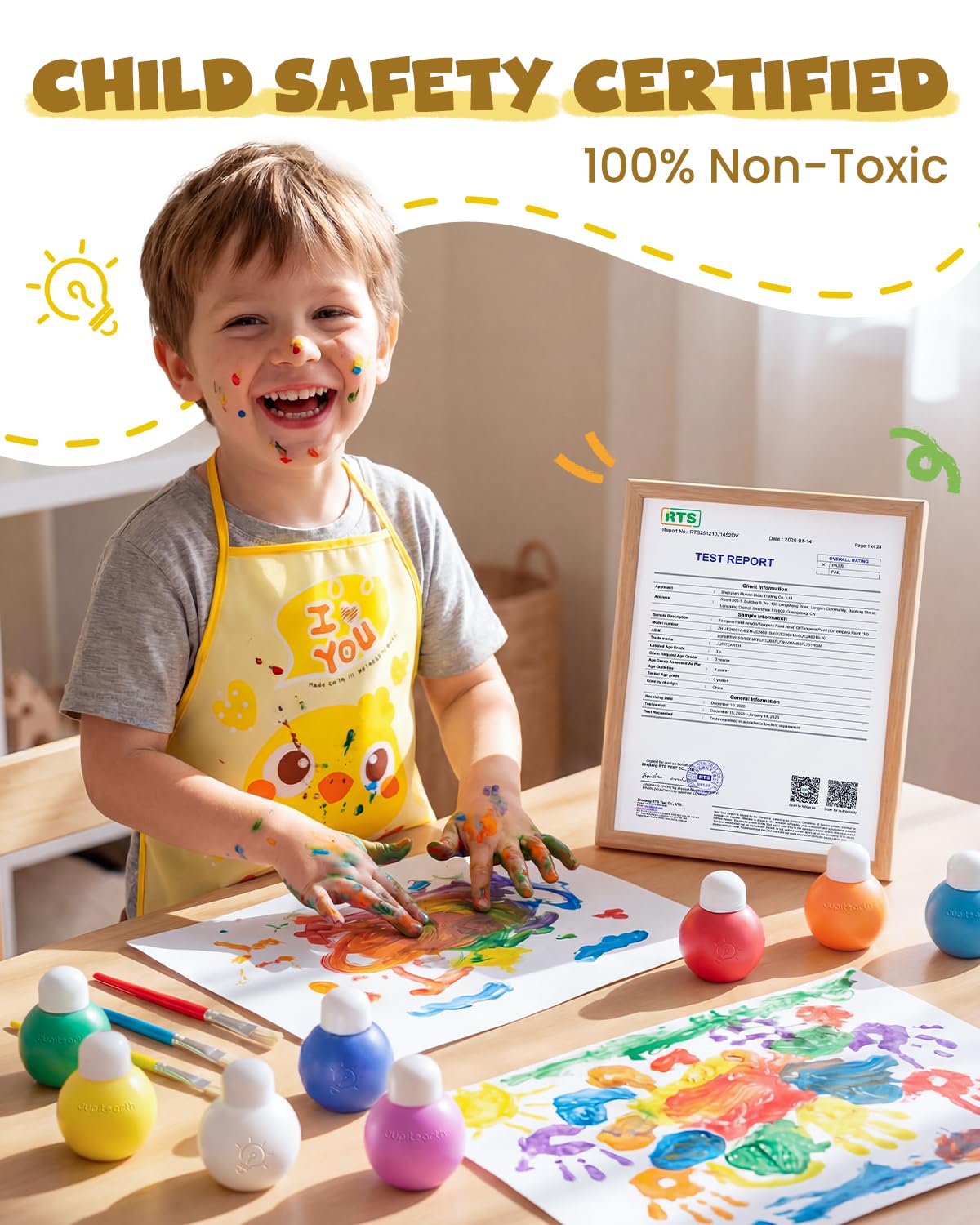 JUPITEARTH 10 Colors Washable Paint Set for Kids Ages 3-6, 4.06oz(120ml), Non-Toxic, Includes Brushes, Cups and Apron, Creative Gift for Toddlers and Preschoolers