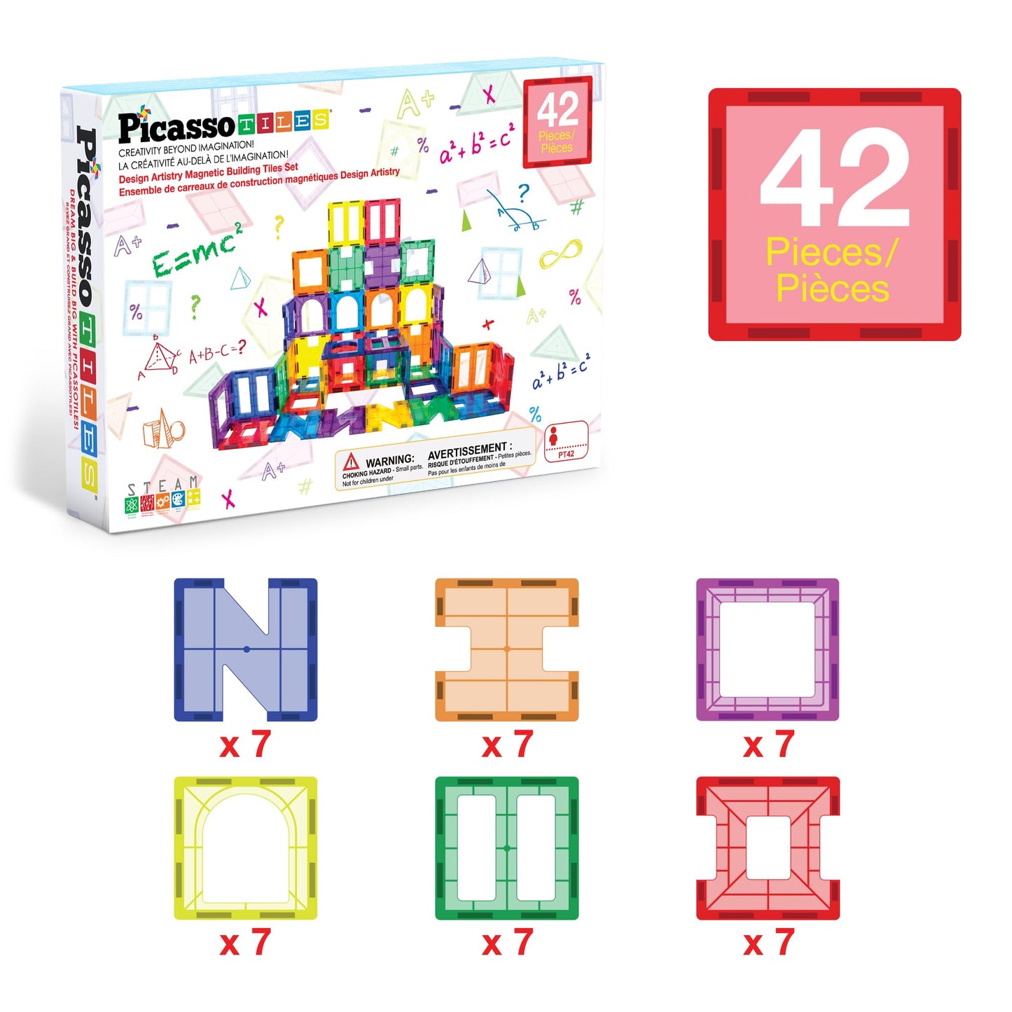 PicassoTiles 42pcs Magnetic Tiles Magnet Blocks See-Through Shape STEM Toys Building Block Educational Playset Compatible with Major Brand Tile -Starter Set for Boys and Girls Toddlers Ages 3+ PT42